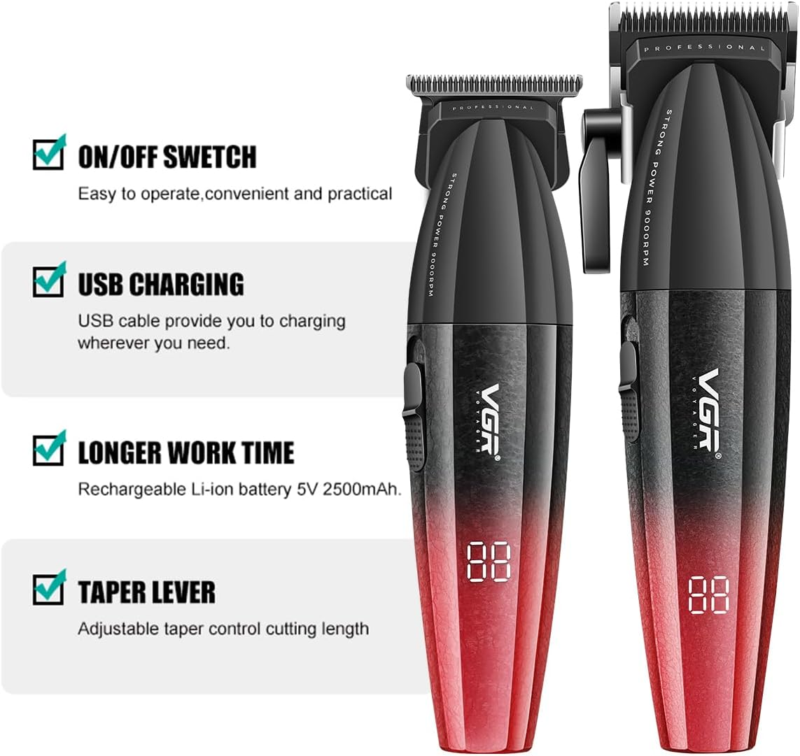 VGR 640 Professional Hair Clippers for Men, 9000RPM Cordless Barber Clippers and Trimmers Set, Zero Gap T-Blade Hair Cutting Kit, DLC Coated Ceramic Blade Barber Kit with LED Display(Red) - Red image number 4