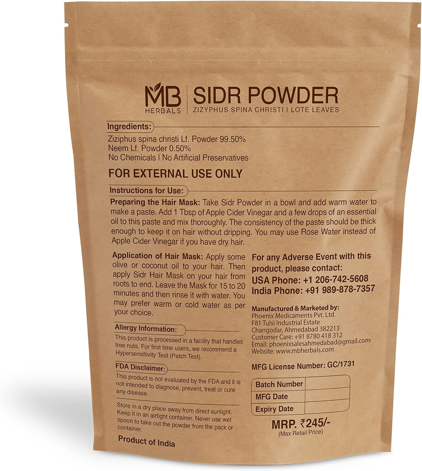 MB Herbals Sidr Powder, Zizyphus Spina Christi and Lote Leaves Hair Conditioner, 227G image number 1