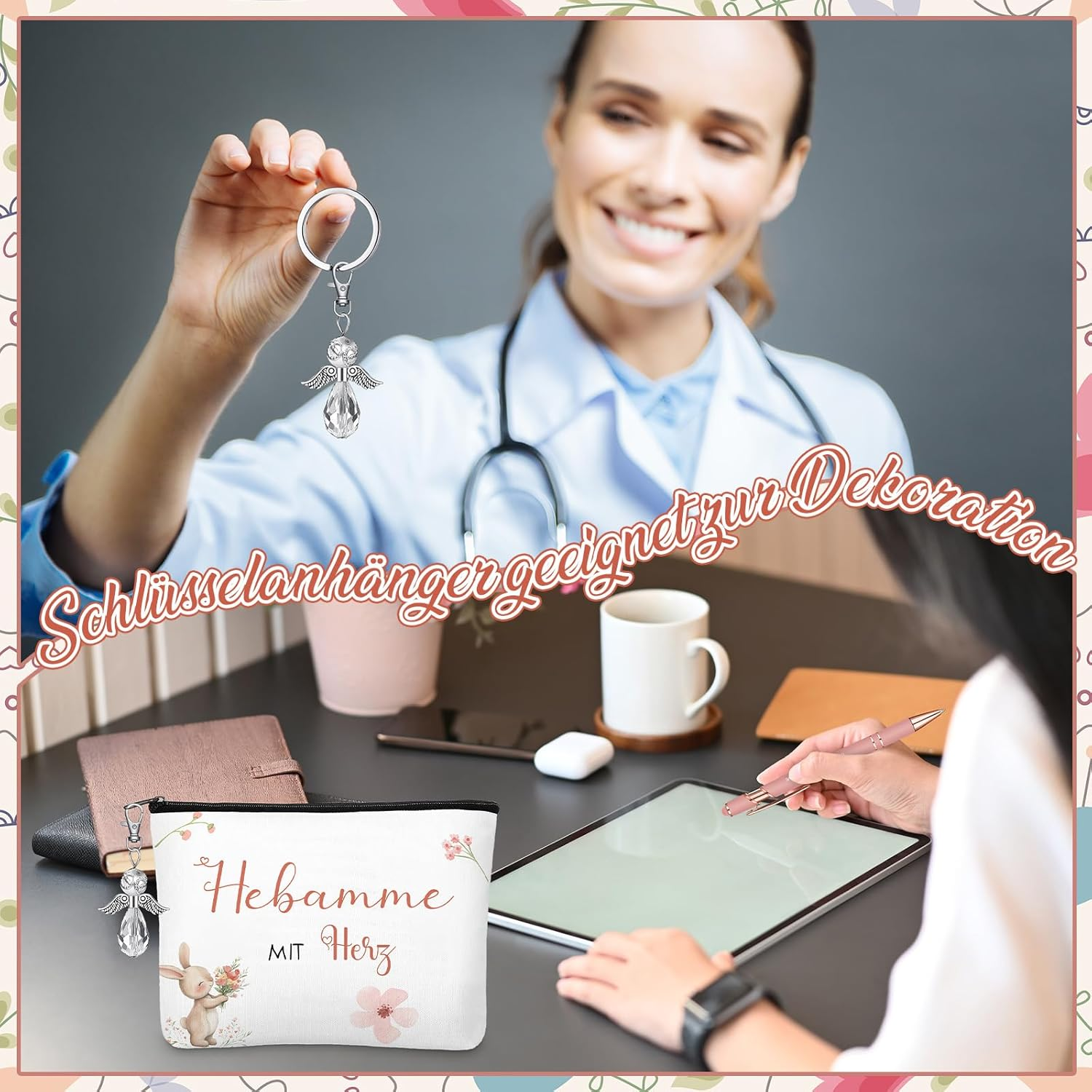 Geiserailie Thank Midwife Gift | Midwife with Heart Cosmetic Bag + Guardian Angel Keyring + Pens with Saying + Thank You Card with Envelope Farewell Gift for Midwife, as Shown in the Pictures image number 1