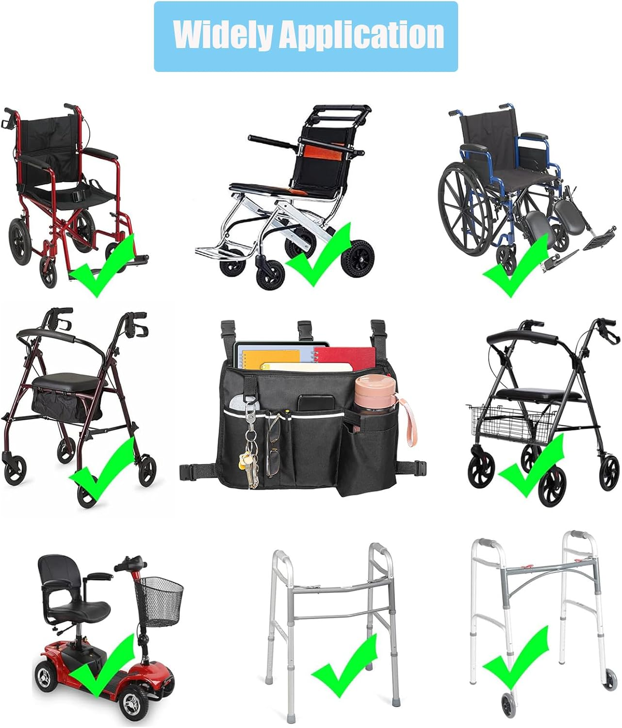 Walker Bag Walker Basket for Folding Walker with Cup Holder, Rollator Organizer Storage Pouch Universal Folding Walker Accessories Walker Bags for Seniors Bag for Walker (Large Black) image number 3