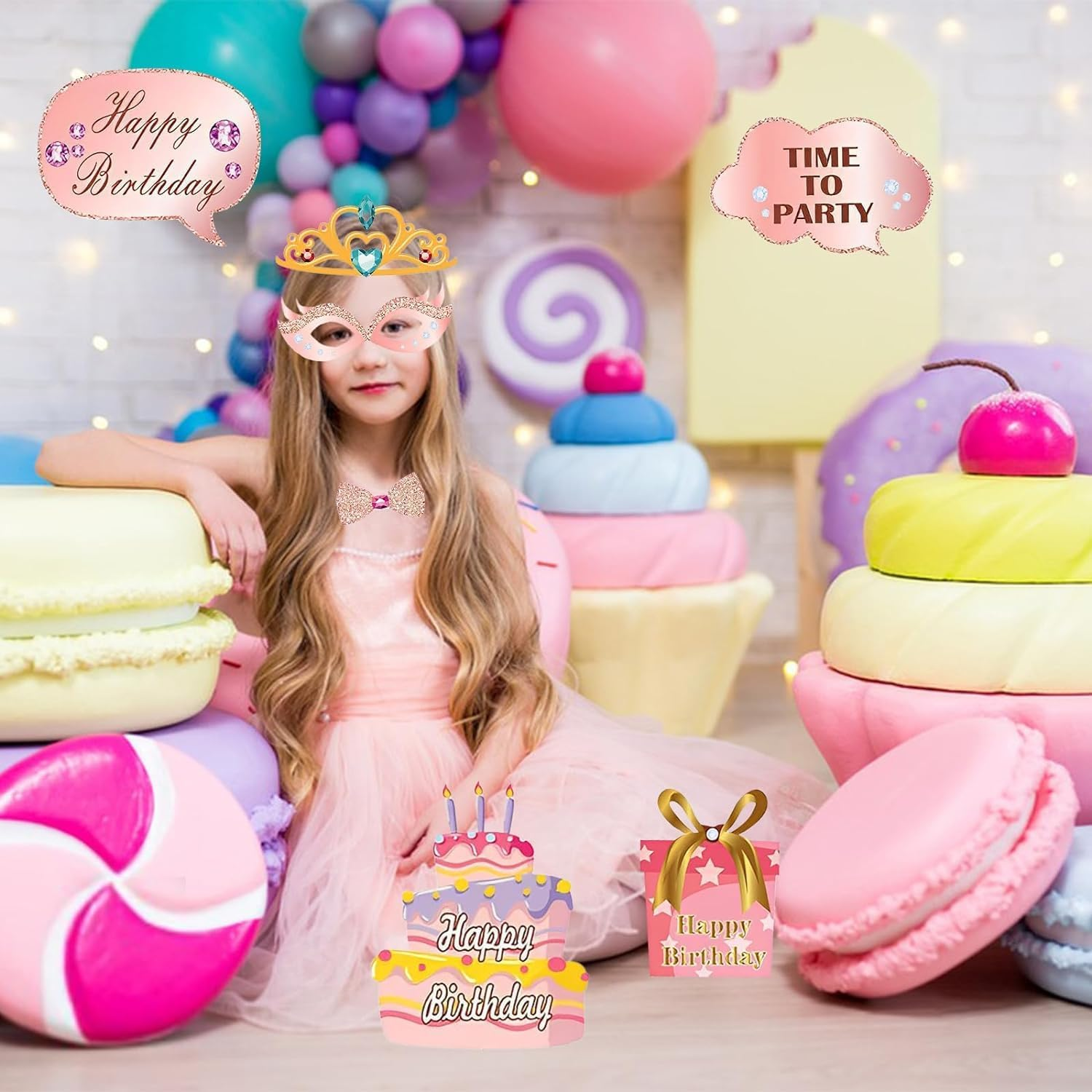 Rose Gold Birthday Party Props - 34Pcs Glitter Photo Props with Lips, Crowns, Flowers, Lipsticks