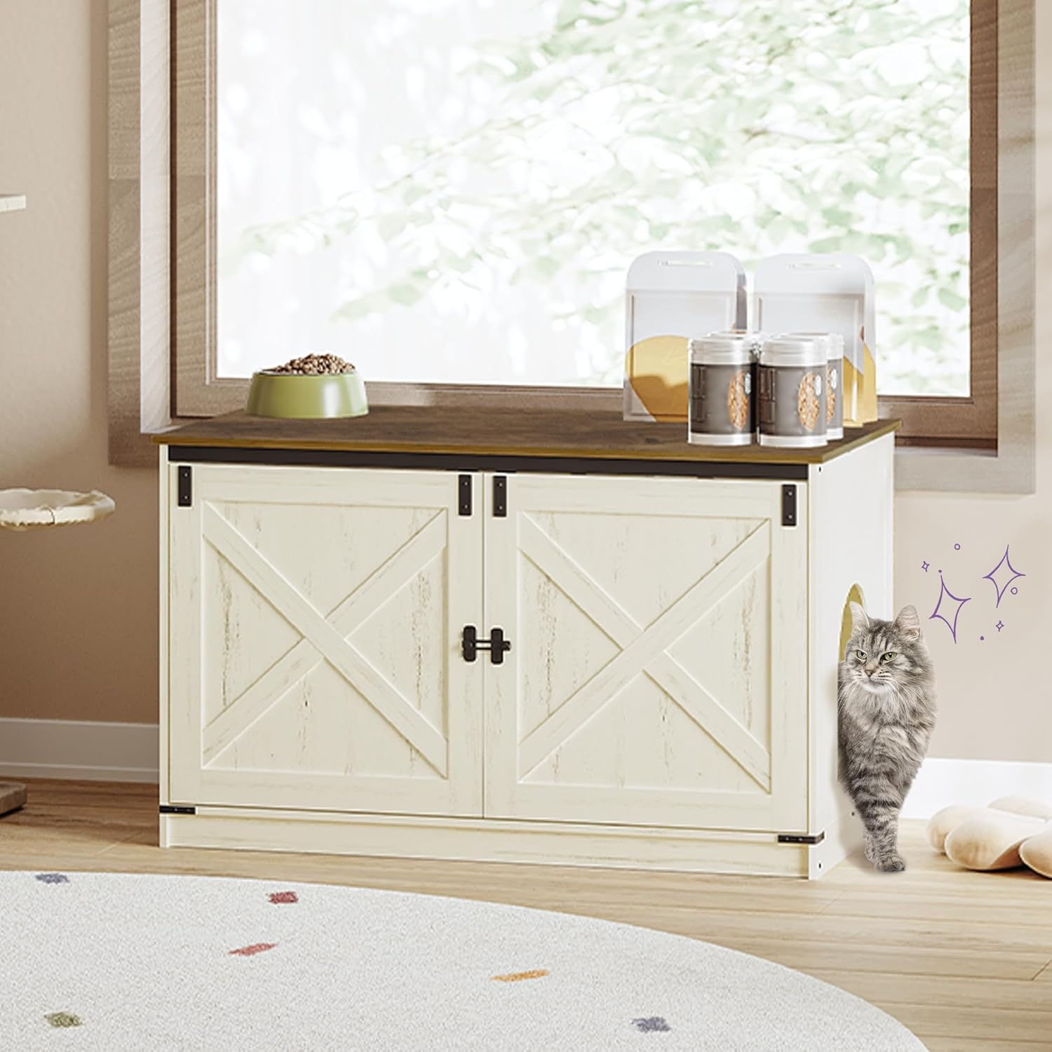 Hzuaneri Cat Litter Box Enclosure, Hidden Litter Box Furniture with Removable Dividers, Reversible Entrance Left or Right Side,Cat House, 39.4 X 21.7 X 23.6 Inches, Rustic White and Brown CB84714X image number 5