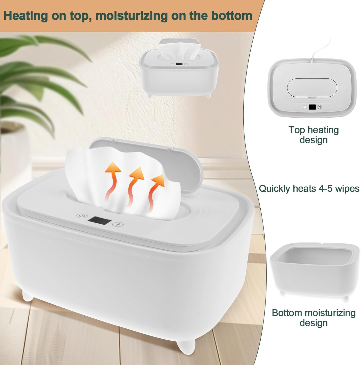 Baby Wipe Warmer, Large Capacity Wipe Dispenser Warmer Intelligent Adjustable Temperature Infant Wipes Heater Top Heating Bottom Moisturizing Wipe Warmer for Babies Infants (White) image number 4