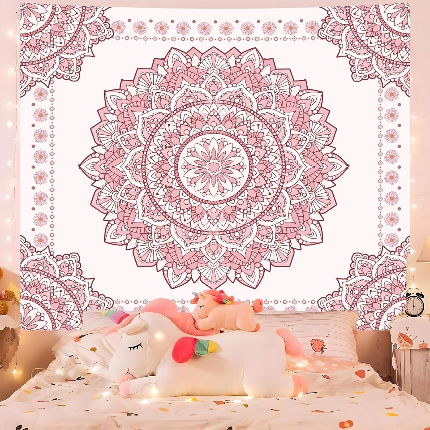 Boho Pink Mandala Wall Tapestry for Bedroom, White and Pink Aesthetic Tapestry Room Decor for Teen Girls, Art Floral Wall Hanging for College Dorm (51''X60'') image number 6