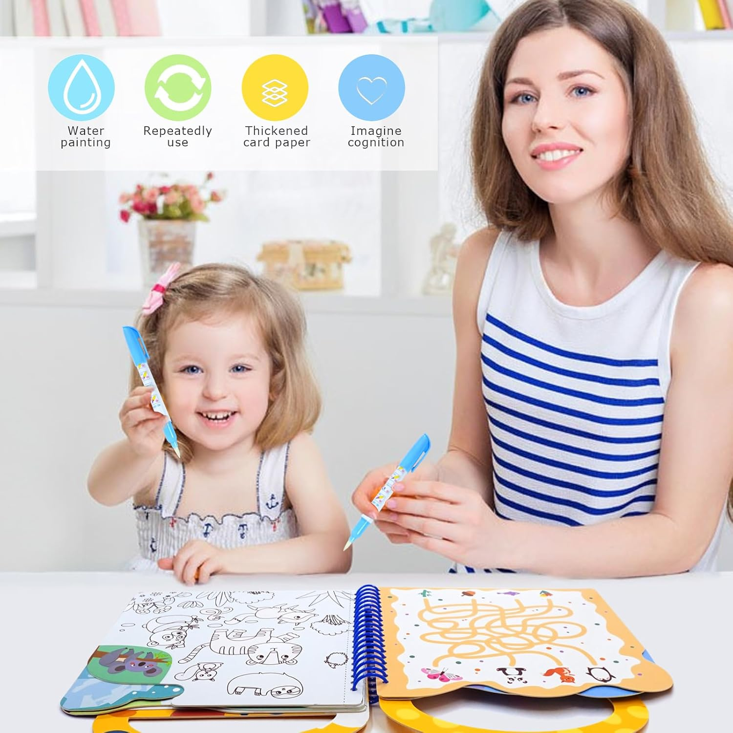 Peeokuo 3 Pack Water Coloring Books for Toddlers, Ages 3-5, Travel Toys, Sticker Books, Paint with Water Books image number 5