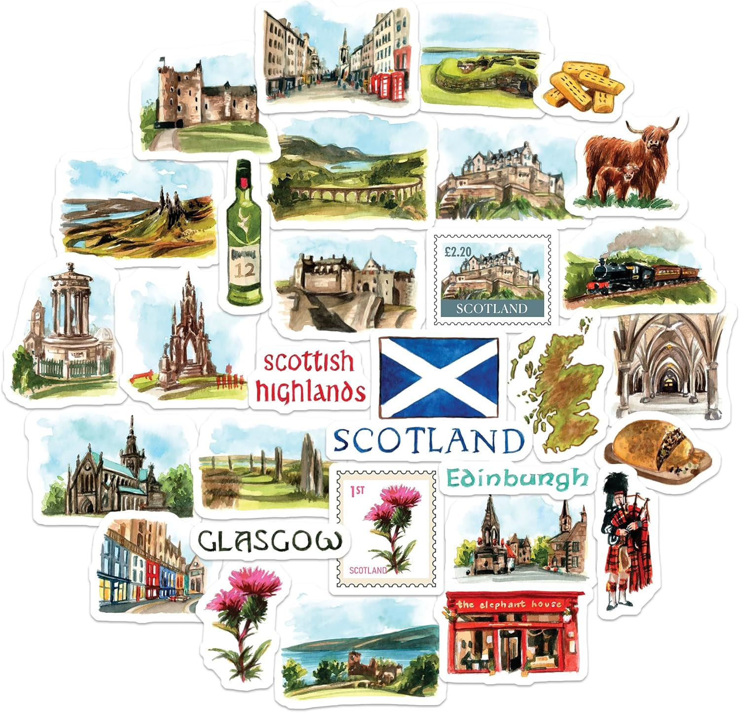 Navy Peony Spectacular Scotland Travel Stickers (31Pcs) - Watercolor, Waterproof, Scottish Themed Vacation Decals for Journals, Scrapbooks, Tumblers image number 1