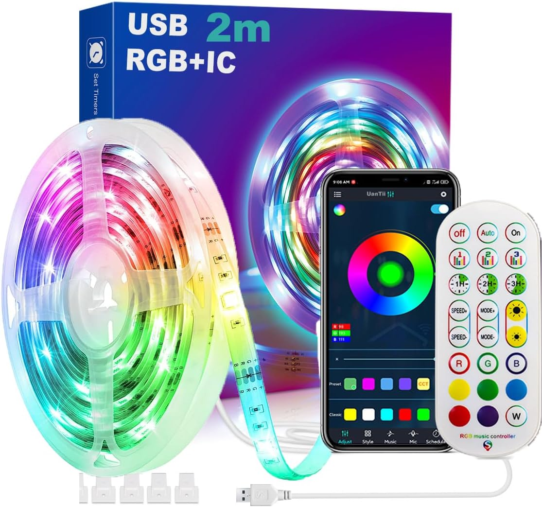 Uantii USB 5V Smart Light Strip,Bluetooth RGBIC LED Strip Lights Timing Music Sync with Remote Control,Bluetooth App Control for Bedroom TV Backlight Ceiling Game Room (2M) image number 4