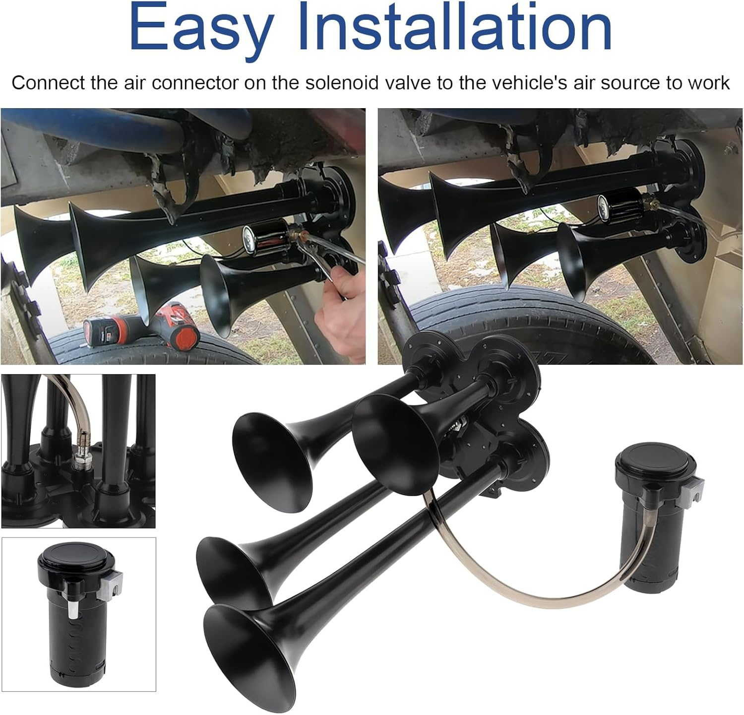 Train Horns Kit, 4 Trumpet Air Horn Kit, 12V 185Db Super Loud Train Horns for Pickup Trucks, Four Trumpet Air Horn with Compressor for Vehicle Cars Trucks Pickup Trains Lorrys Boats image number 2