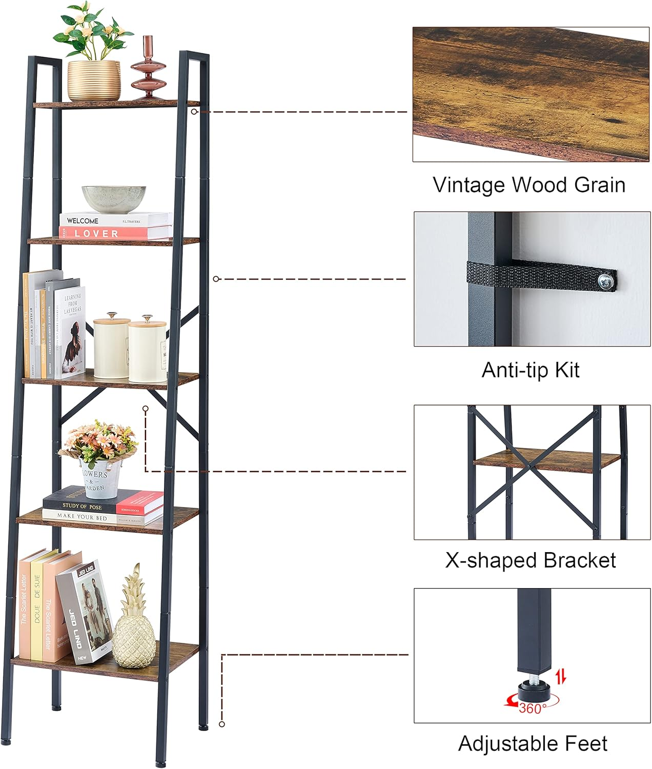 Hoctieon 5-Tier Industrial Ladder Bookshelf, Narrow Ladder Shelf, Tall Standing Bookshelf, Skinny Open Ladder Shelf, for Living Room, Home Office, Kitchen, Bedroom, Metal Frame, Rustic Brown image number 3