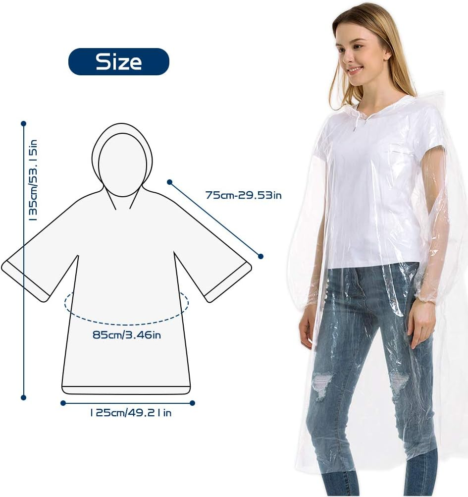 Roctee 10 Pack Rain Ponchos with Drawstring Hood, Emergency Disposable Rain Ponchos Family Pack for Adult Men and Women image number 4