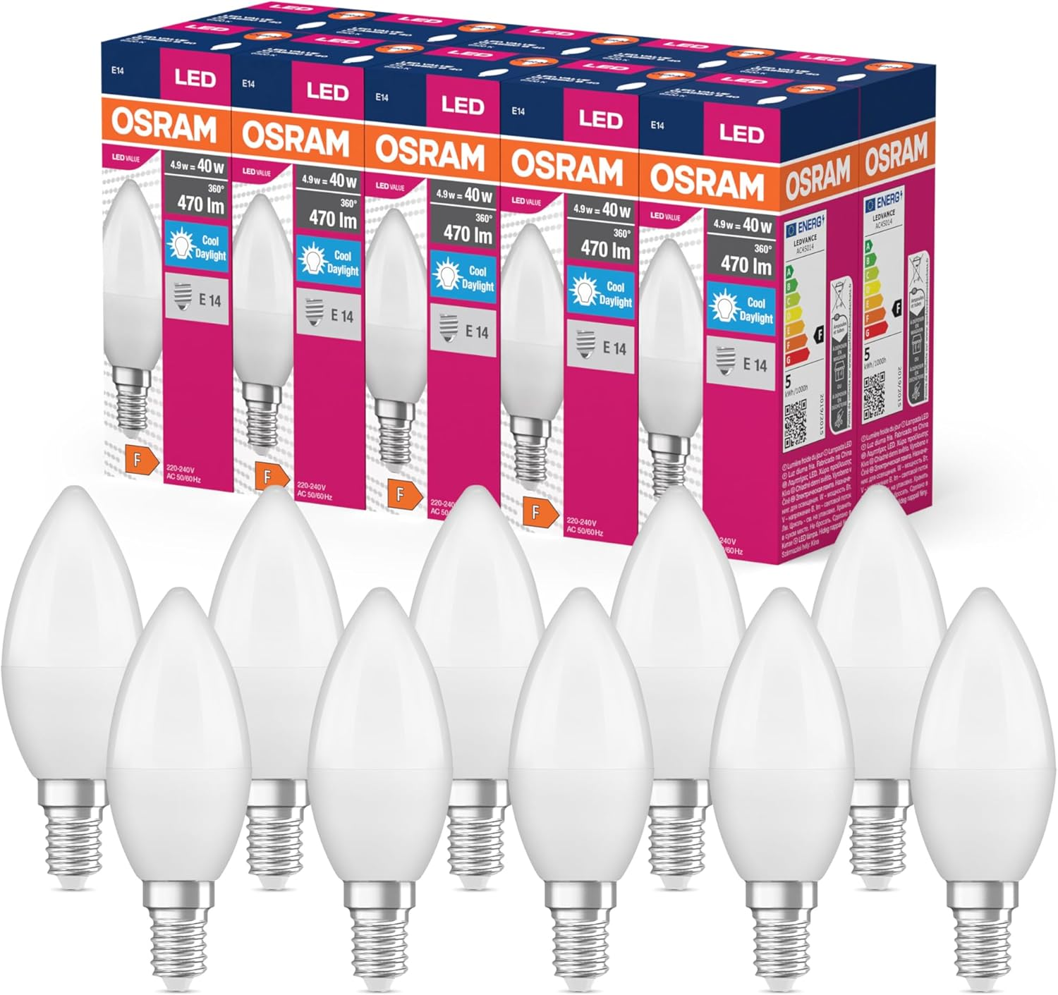 Osram LED Star Value Classic P40 LED Bulb for E14 Socket, Teardrop Shape, FR, 470 Lumens, Daylight White (6500 K), Replacement for Conventional 40 W Bulbs, Non-Dimmable, Pack of 10 image number 1