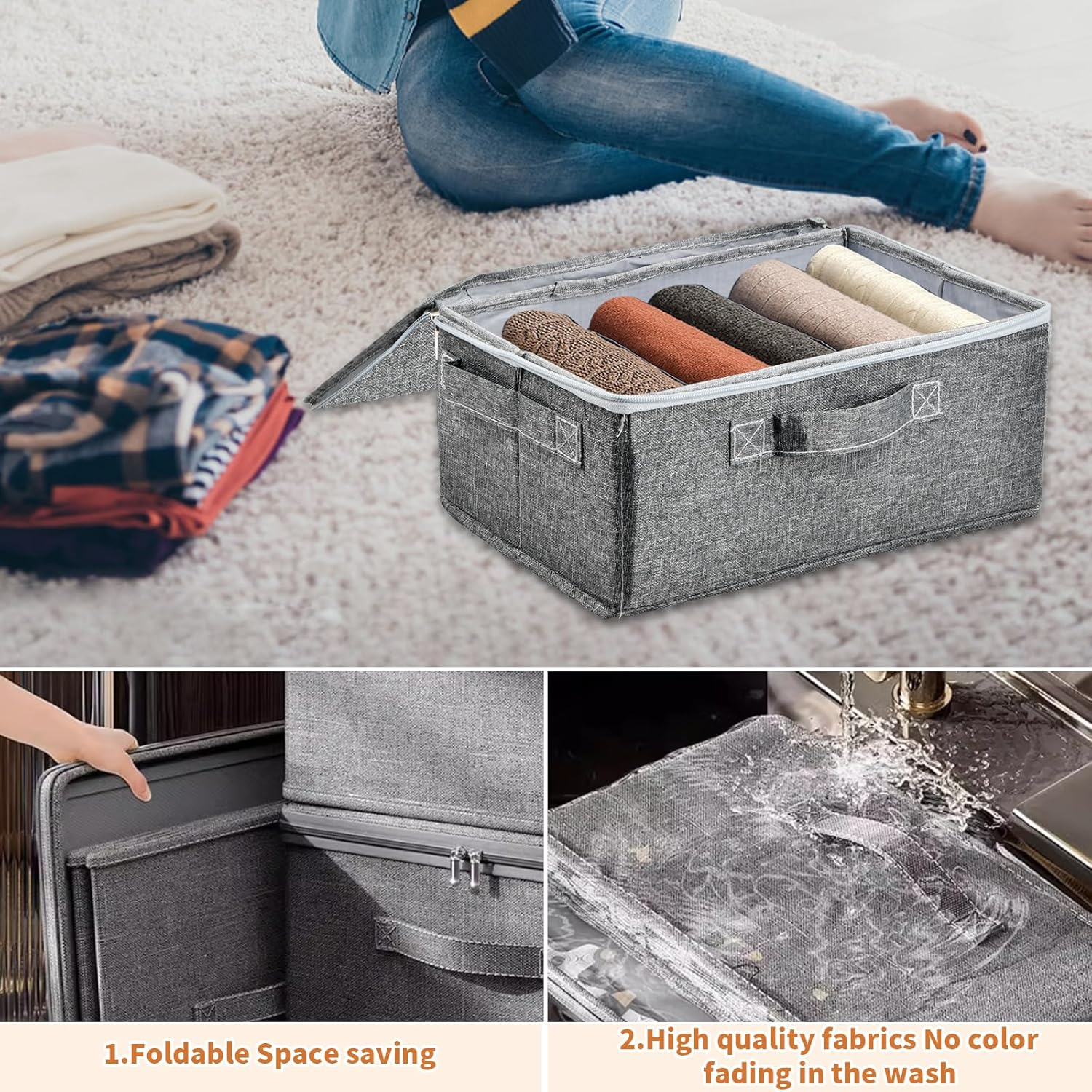 Hnonoxy 2Pcs Fabric Organiser Box, Grey, Storage Box with Lid, Organiser Box with Large Capacity for Clothes, Toys, Bedroom Organisation (38 X 25.5 X 16 Cm)