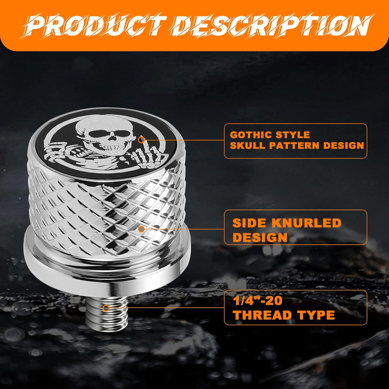 Chrome Stainless Knurled Fender Rear Seat Bolts Screw and Nut Kit 1/4"-20 Thread Quick Mount Skull Pattern Compatible with Harley Touring Softail Dyna Sportster CVO Fatbob 1996-2024 - Black-Skull Pattern/Screw+Nut image number 1