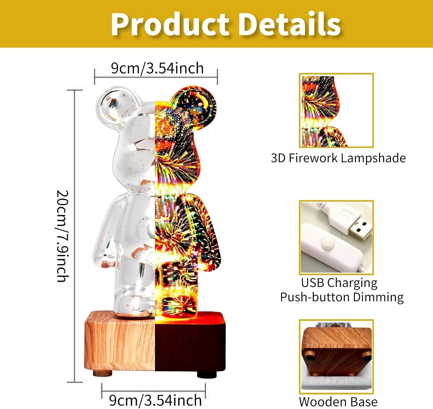 Brabola Firework Bear Light Lamp, Twinkle Bear Lamp Cute Bedside Night Light Table Lamp Projector with Color Changing Ambient Nightstand LED Desk Lamp for Kids Room, Bedroom, Home, Office image number 1