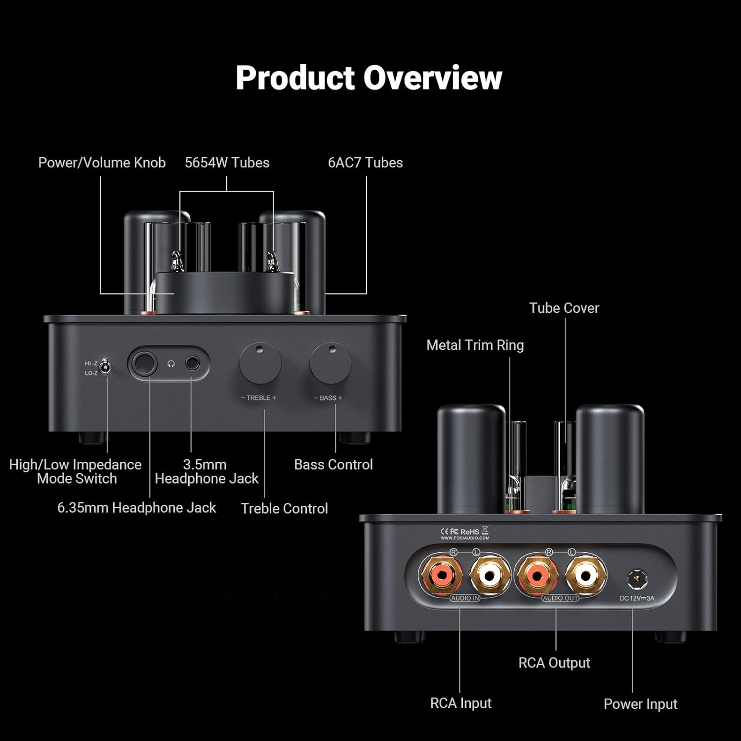 Fosi Audio GR70 Tube Headphone Amp Preamp, Authentic Tube-Amplification with Vacuum 5654W*2 & 6AC7*2, Mini Hifi Preamplifier for Home Audio, 3.5Mm & 6.35Mm Jacks Supporting 16-300 Ohms Impedance
