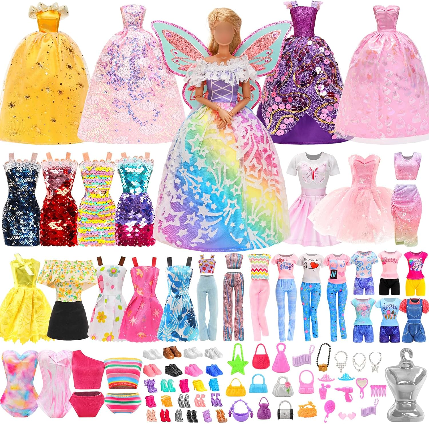 Barwa 110 Doll Clothes and Accessories Fashion Dresses Tops Pants Outfits Party Gown Mini Dresses Swimsuits Bikini Shoes Princess Wings Hangers Handbag for 11.5 Inch Doll image number 3