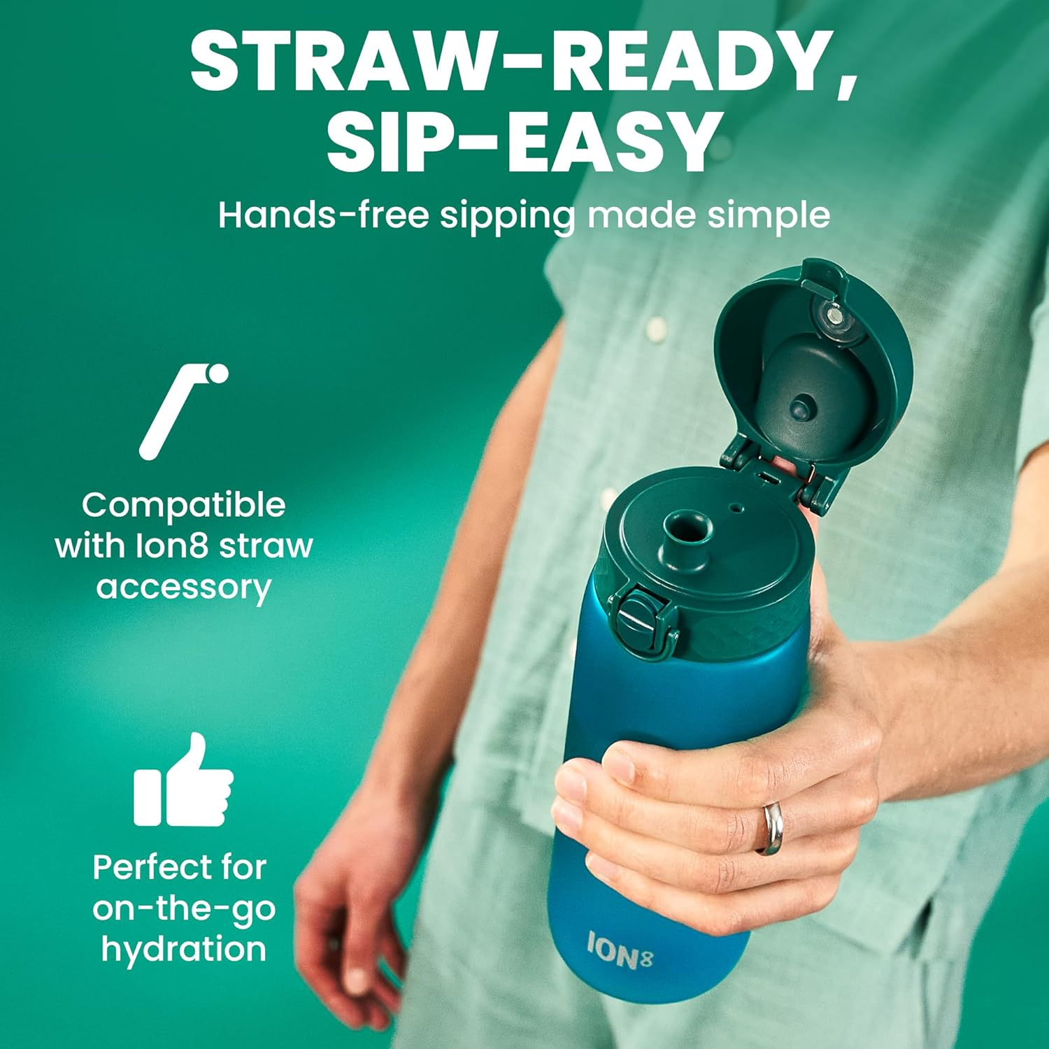 Ion8 Sports Water Bottle, 750 Ml/24 Oz, Leak Proof, Easy to Open, Secure Lock, Dishwasher Safe, BPA Free, Flip Cover, Carry Handle, Soft Touch Contoured Grip, Easy Clean, Odour Free, Aqua image number 6