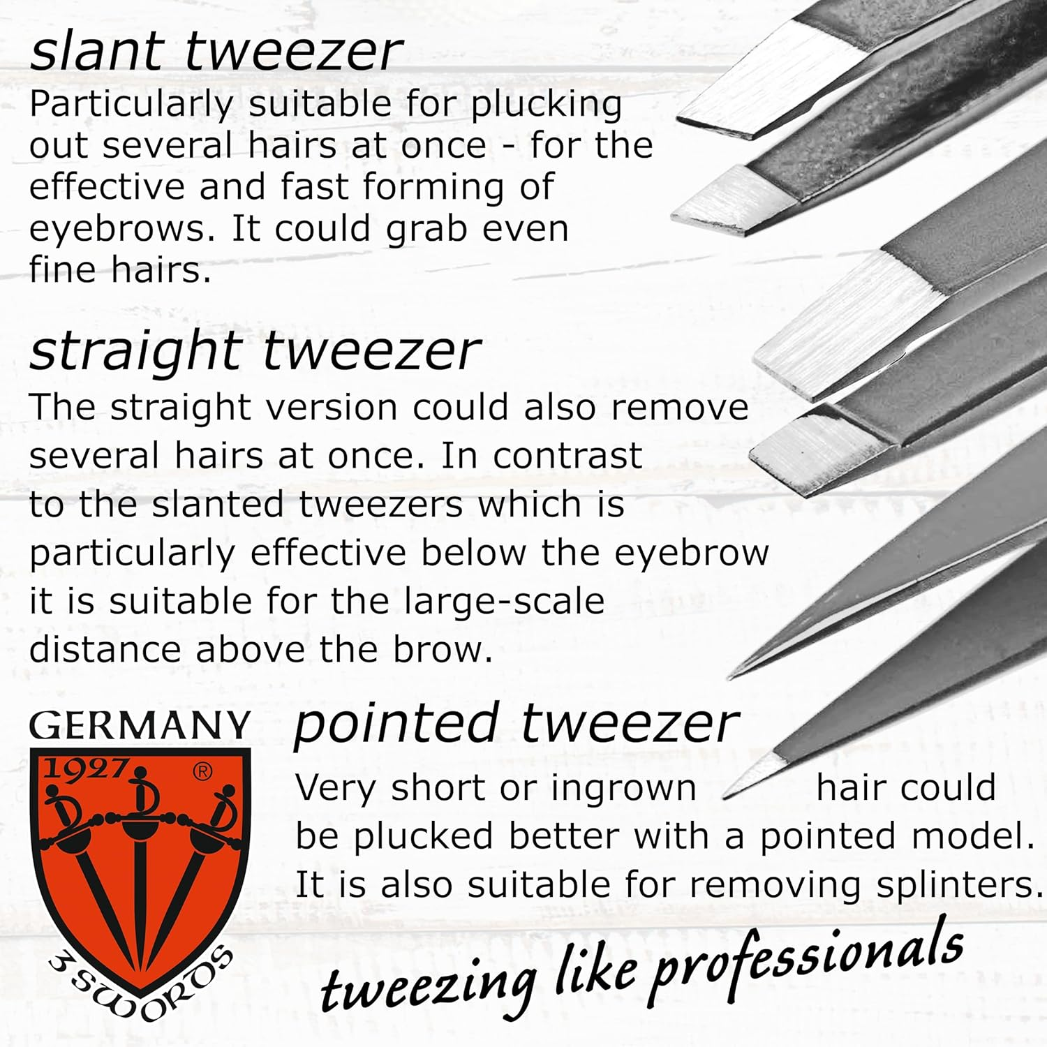 3 Swords Germany - Brand Quality Professional Stainless Steel Precision Tweezer Set "MEXICO" Slanted, Straight, Pointed Eyebrows Hair, Manicure Pedicure - Pinzas Rectas, Biseladas, Puntiagudas (5366)