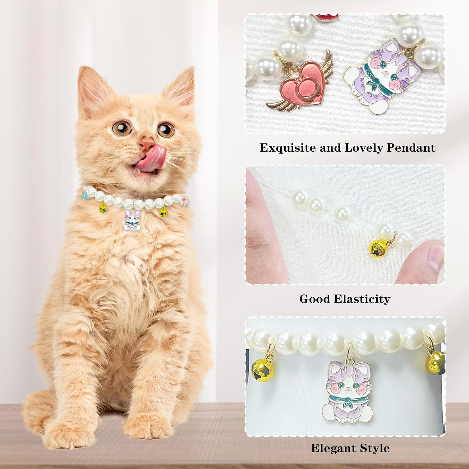 Yanmucy Cat Collar with Bell Pearl Pet Cats Dog Necklace Collar Accessories Necklace Jewellery for Kittens Small Pets Wedding Party Costume Outfits (Cat + Heart)