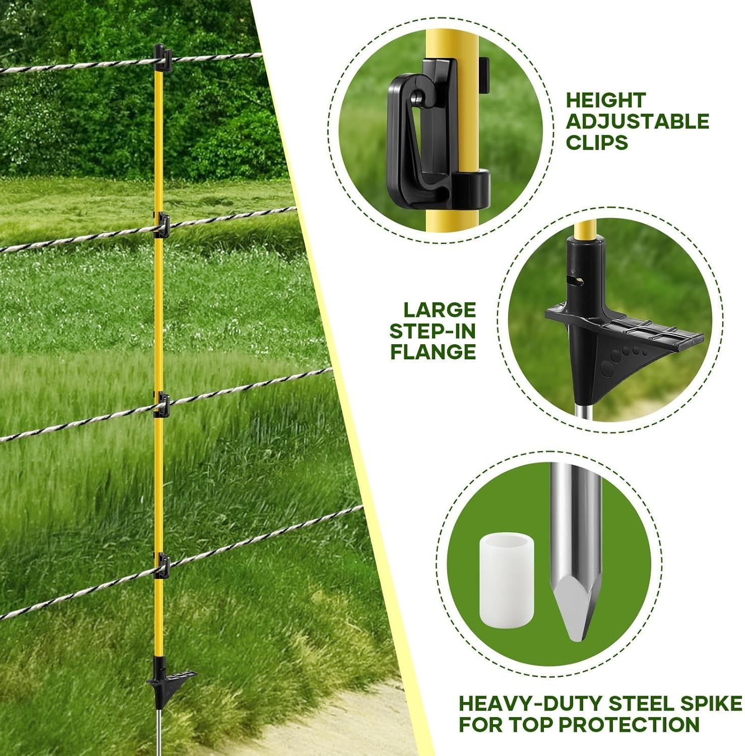 OGL 20Pcs Electric Fence Post Tread Step in Wire Garden Farm Livestock Cattle Sheep Insulators Poles Pigtail Fibreglass Adjustable Graze Fencing Temporary image number 3