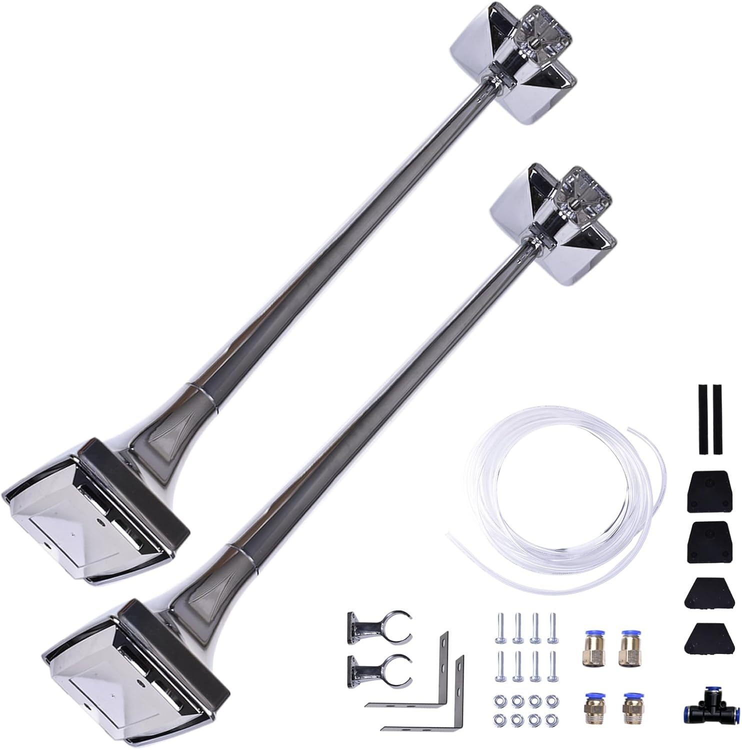 Pair Chrome Roof Mount Low Tone Air Horn & Base Mount, Compatible with Peterbilt, Kenworth, Mack, Ford Trucks, Modern Metal Silver Air Horns image number 1
