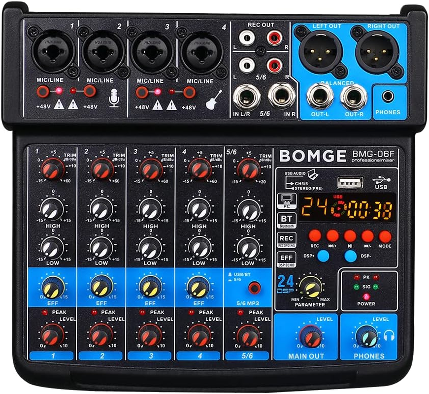 BOMGE 6 Channel Mini DJ Audio Sound Mixer Console with USB Interface, Bluetooth, Stereo Recording, 48V Phantom Power, 24 DSP Effects for Karaoke, Singing, Live，Streaming，Pc Recroding. (BLACK) image number 6