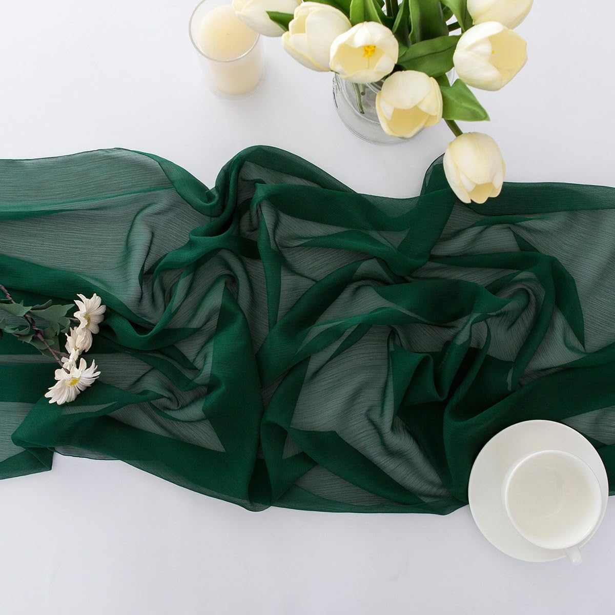 CHUQING Table Runner Dark Green Chiffon Long Table Runners 27X120 Inches Sheer Wedding Runner image number 6