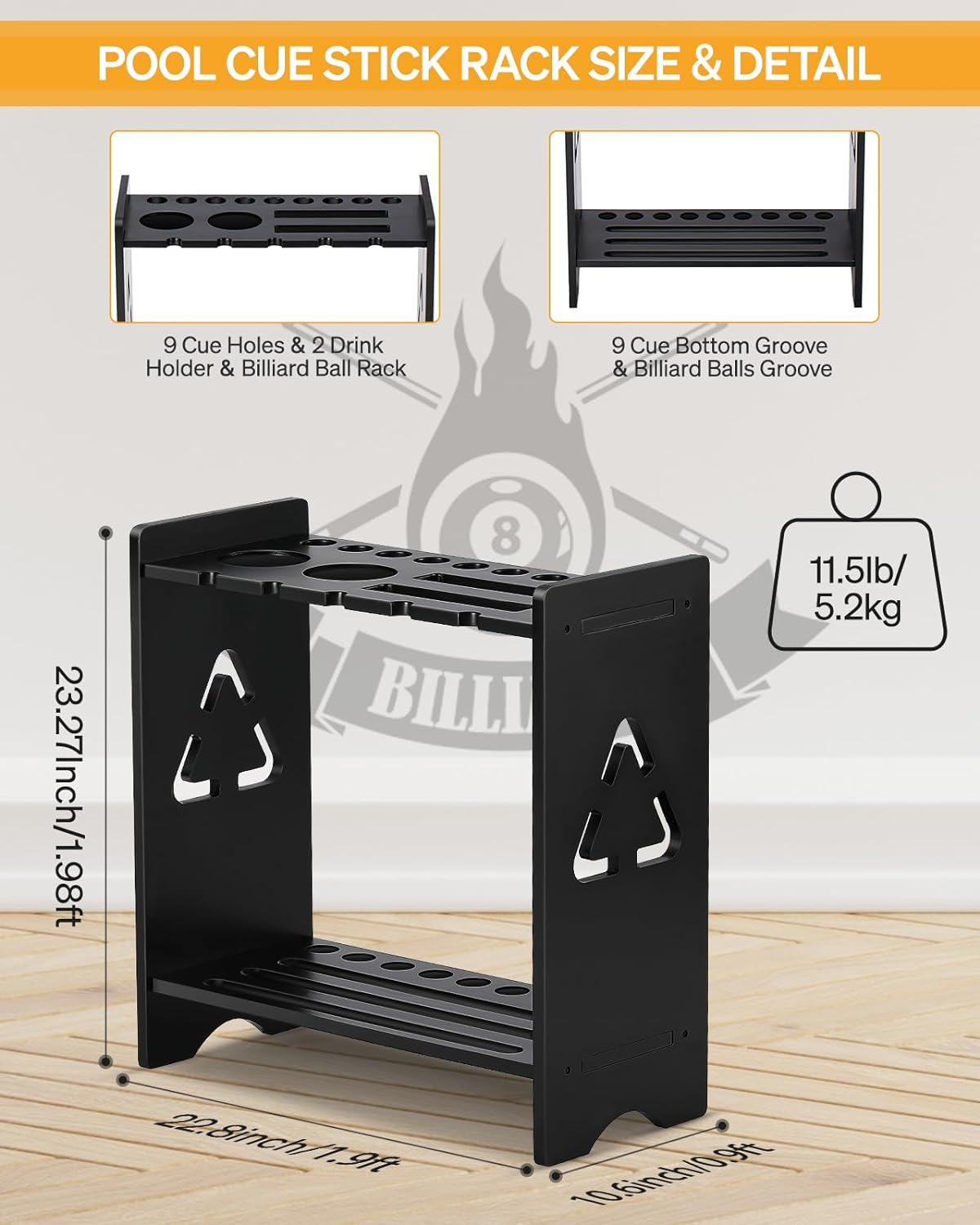 Pool Cue Stick Holder - Floor Stand Billiards Rack Oak Solid Wooden Holds 9 Cues and Pool Table Accessories Organizer image number 5