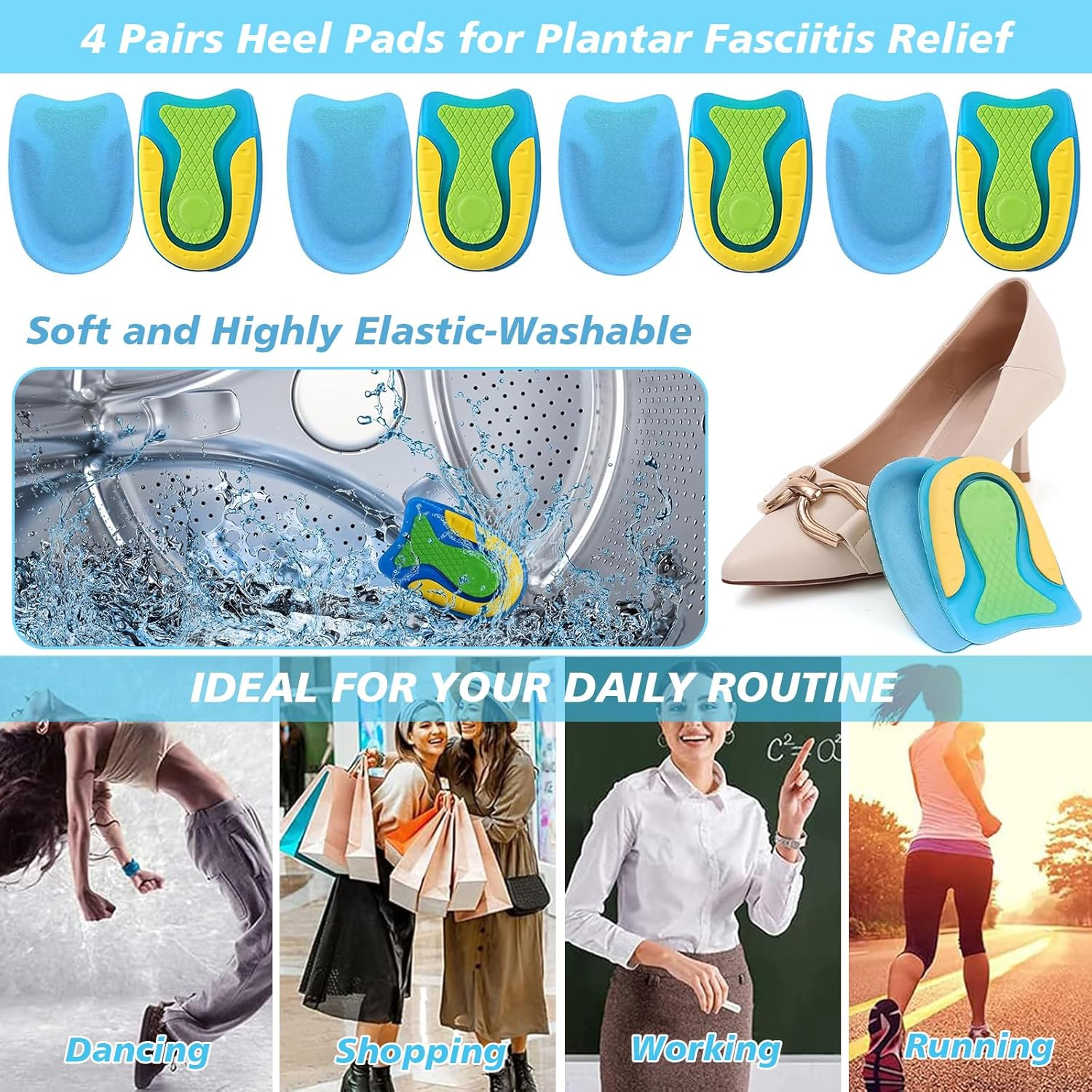 4 Pairs Heel Pads for Plantar Fasciitis Relief, Shock Absorbing Insoles for Heel Spurs Achilles Tendonitis, Soft Silicone Heel Cushions for High Elastic Support, Heel Pad for Relief Heel Pain (S) image number 3