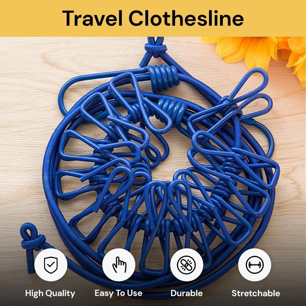 Spendeal Retractable Portable Clothesline for Travel, 12 Clips Camping Accessories Travel Clothesline for Outdoor Indoor, Retractable Clothes Line Elastic Clotheslines for Camper Hotel Room
