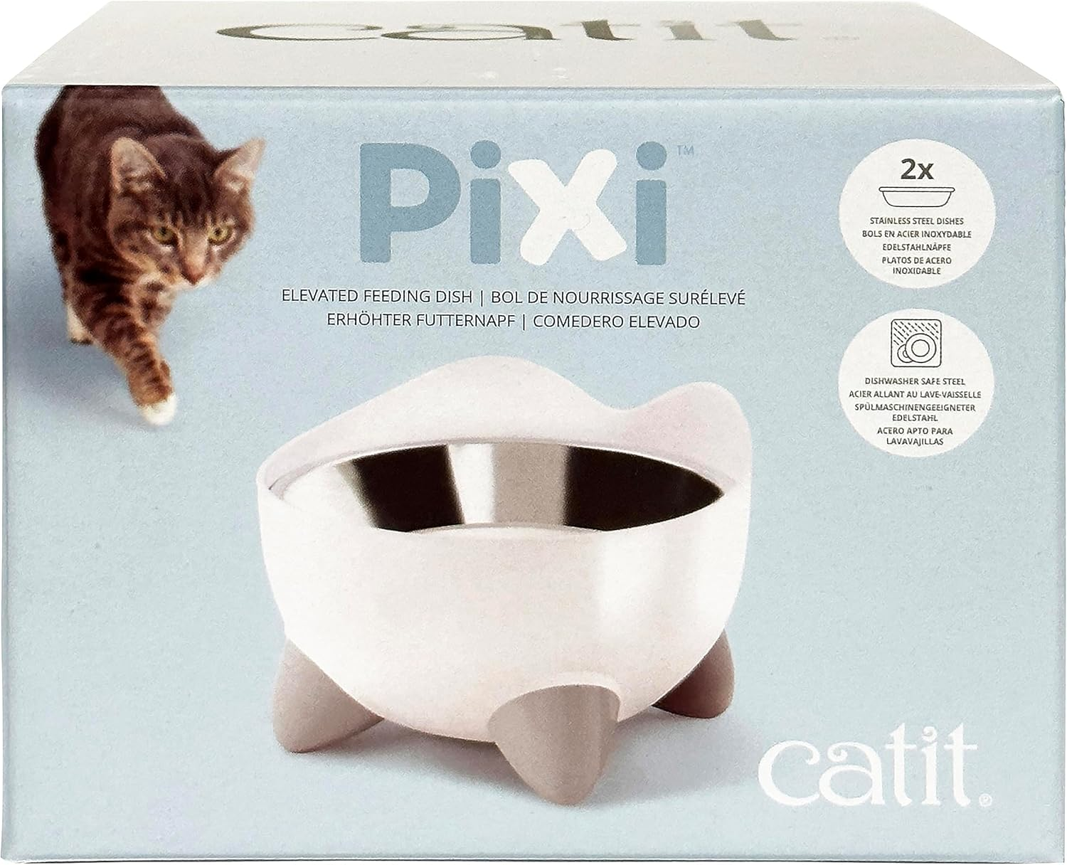 Catit Pixi Feeding Dish with 2 Shallow Stainless Steel Dishes, Easy to Eat, Cat Motif Feeding Dish image number 2