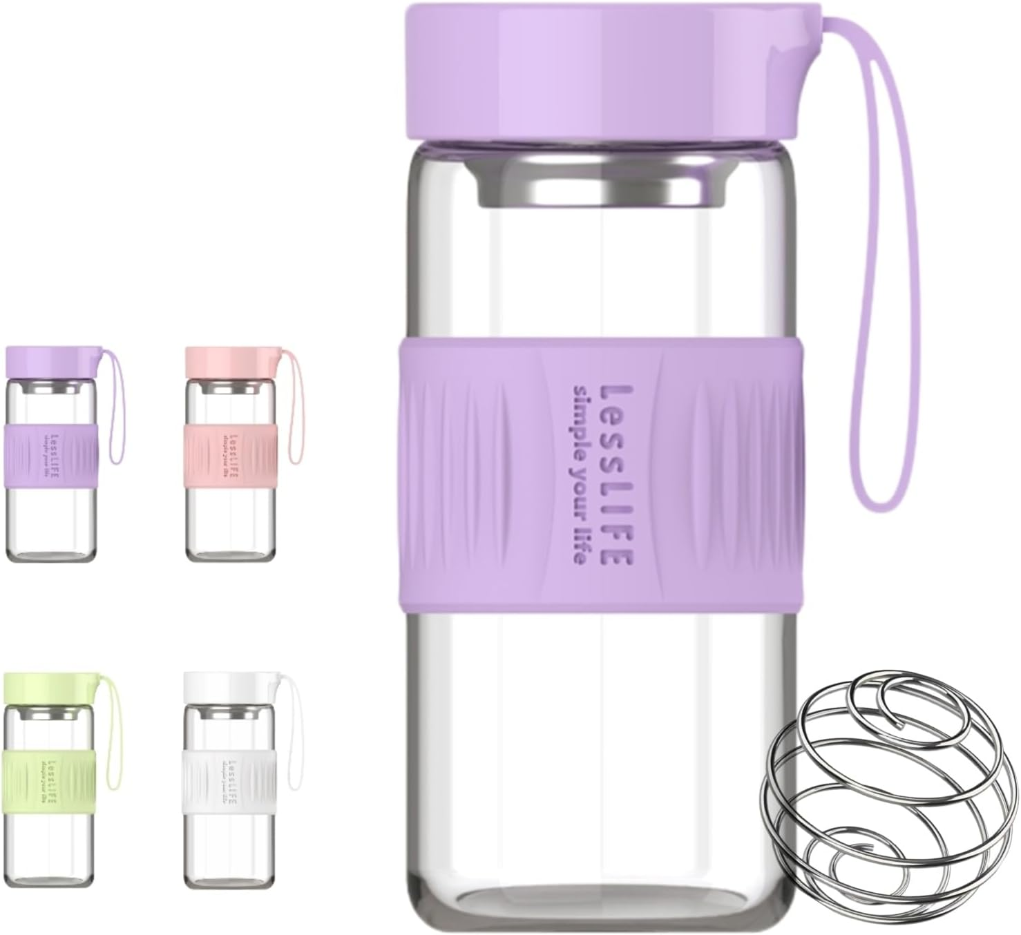 HENGFEI Glass Shaker Bottle for Protein Mixes,16Oz Glass Shaker with Silicone Carry Handle, Strainer and Shaker Ball (Ivory)