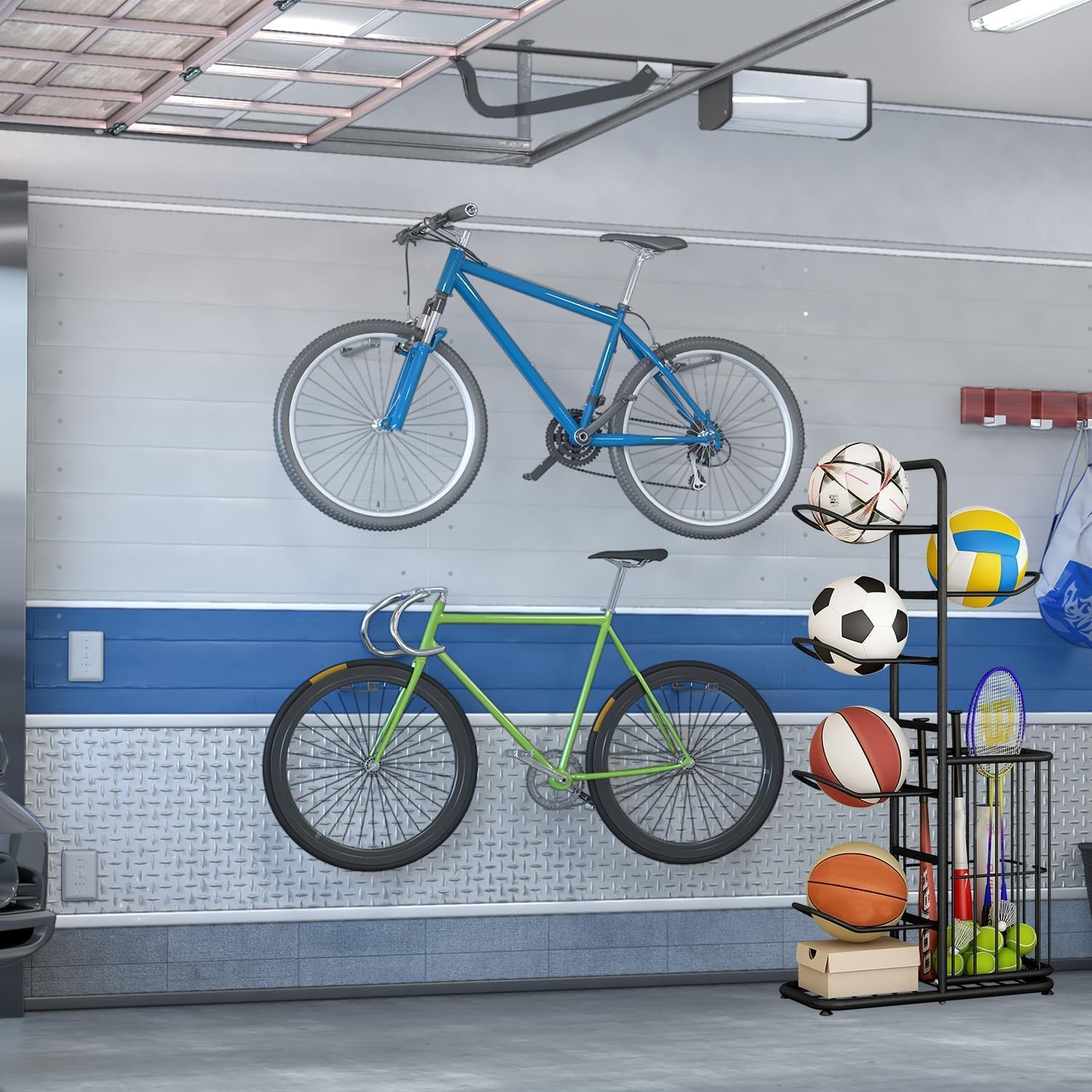 Homodoskey Ball Storage Rack, Football Stand, Ball Storage Garage, Ball Holder, Sports Equipment Storage for Garage, Basketball Organizer Rack with Basket