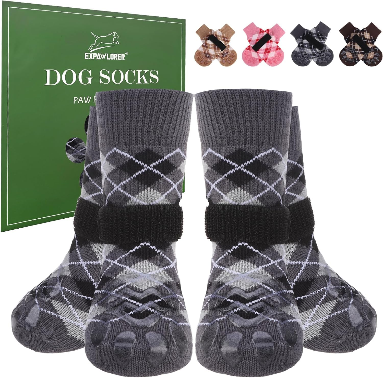 EXPAWLORER Dog Socks to Prevent Licking Paws,4 Pcs Double Sided anti Slip Dog Socks with Grippers for Hardwood Floors,Dog Shoes Booties for Small Medium Large Senior Dogs,British Style,Brown XL