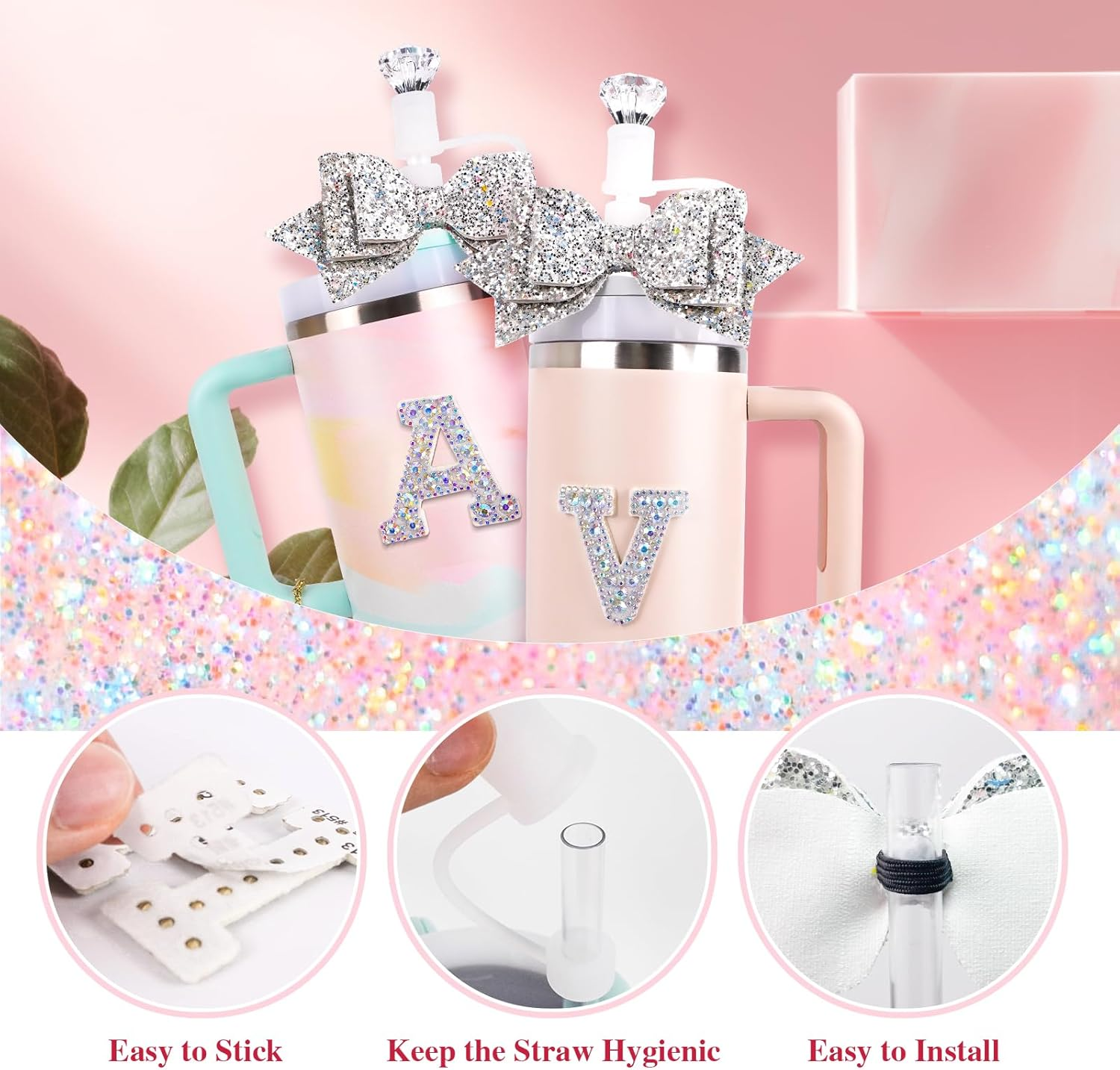 Water Bottle Accessories Set for Stanley Cup 30Oz 40Oz, Bling Letter Charms, Diamond Straw Cover, Glitter Silicone Boot, Personalized Sticker, Bow Straw Topper for Stanley Cup Accessories (G) image number 6