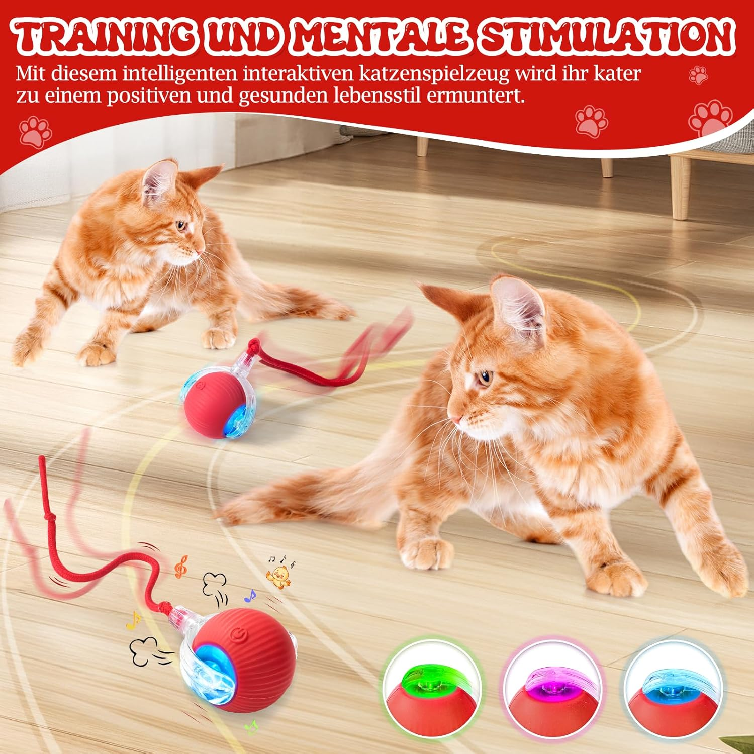 Interactive Cat Toys for Indoor Cats - Interactive Puppy Toys Ball with Tail,Realistic Bird Chirping,Smart Obstacle Avoidance and Auto Restart,Cat Puzzle Toys for Bored Indoor Adult Cats&Dog (Red) - Red image number 3
