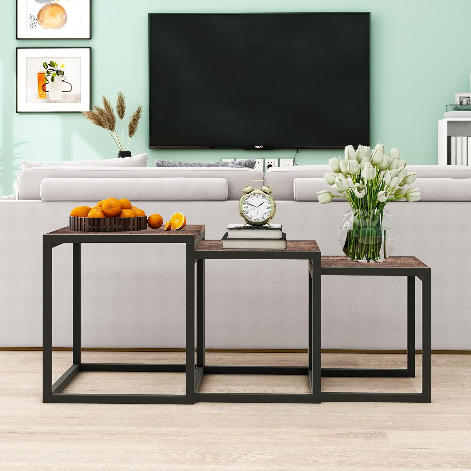 Nesting Table Set of 3 End Tables, Modern Minimalist Coffee Table, Stackable Tables with Metal Wood Stacking Side Table for Living Room, Bedroom, Brown/Black image number 2