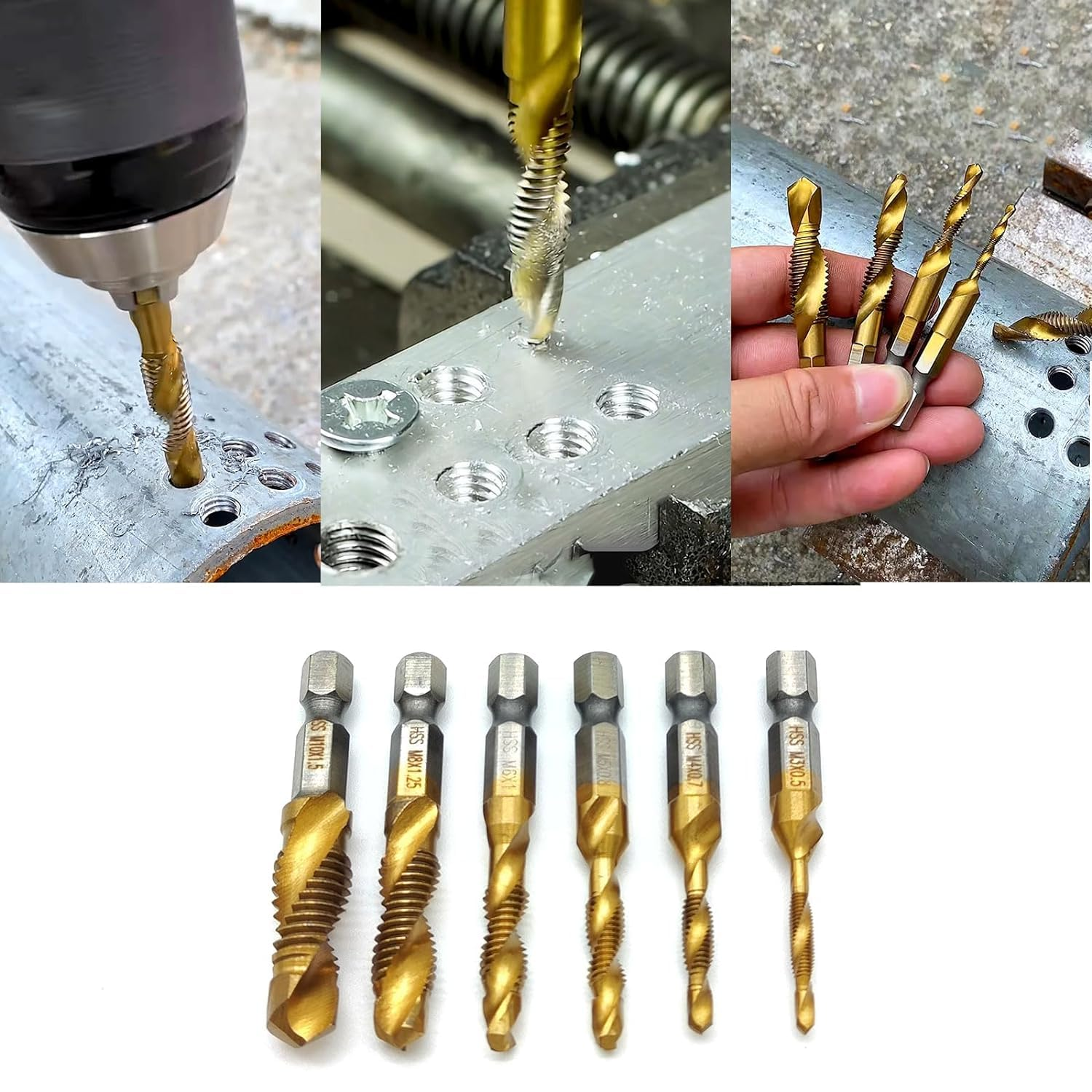 Combination Drill and Tap Bit, 6 Pcs Screw Tapping Countersink Drill Bits 1/4" Metric M3 to M10 HSS Titanium Thread Tap Drill Bit Set for Wood and Plastic image number 4