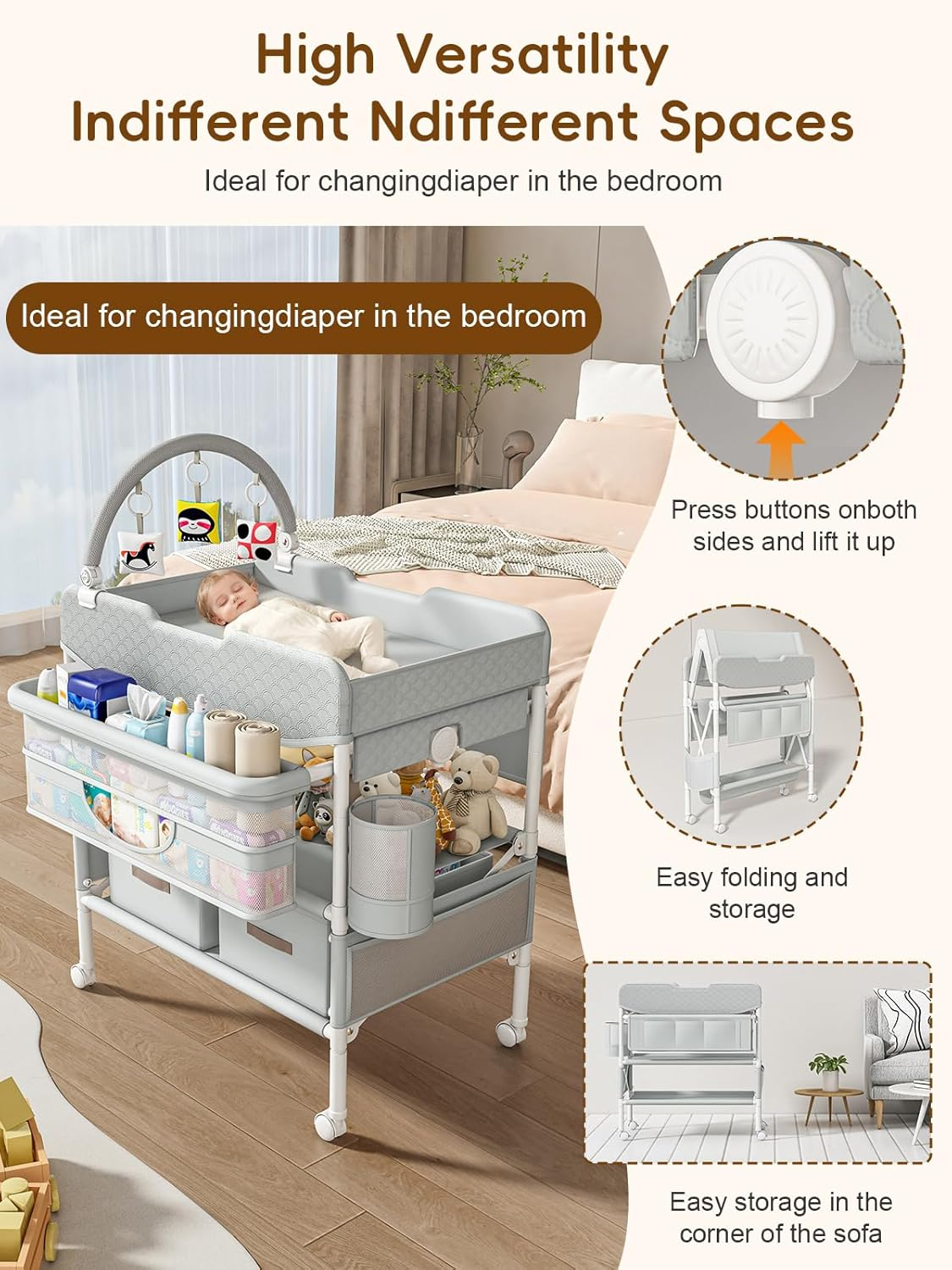 Baby Changing Table with Drawers, Waterproof Versatile Folding Diaper Changing Station with Storage, Adjustable Height, Portable Diaper Chang Ing Station, Mobile Nursery for Infant and Newborn image number 2