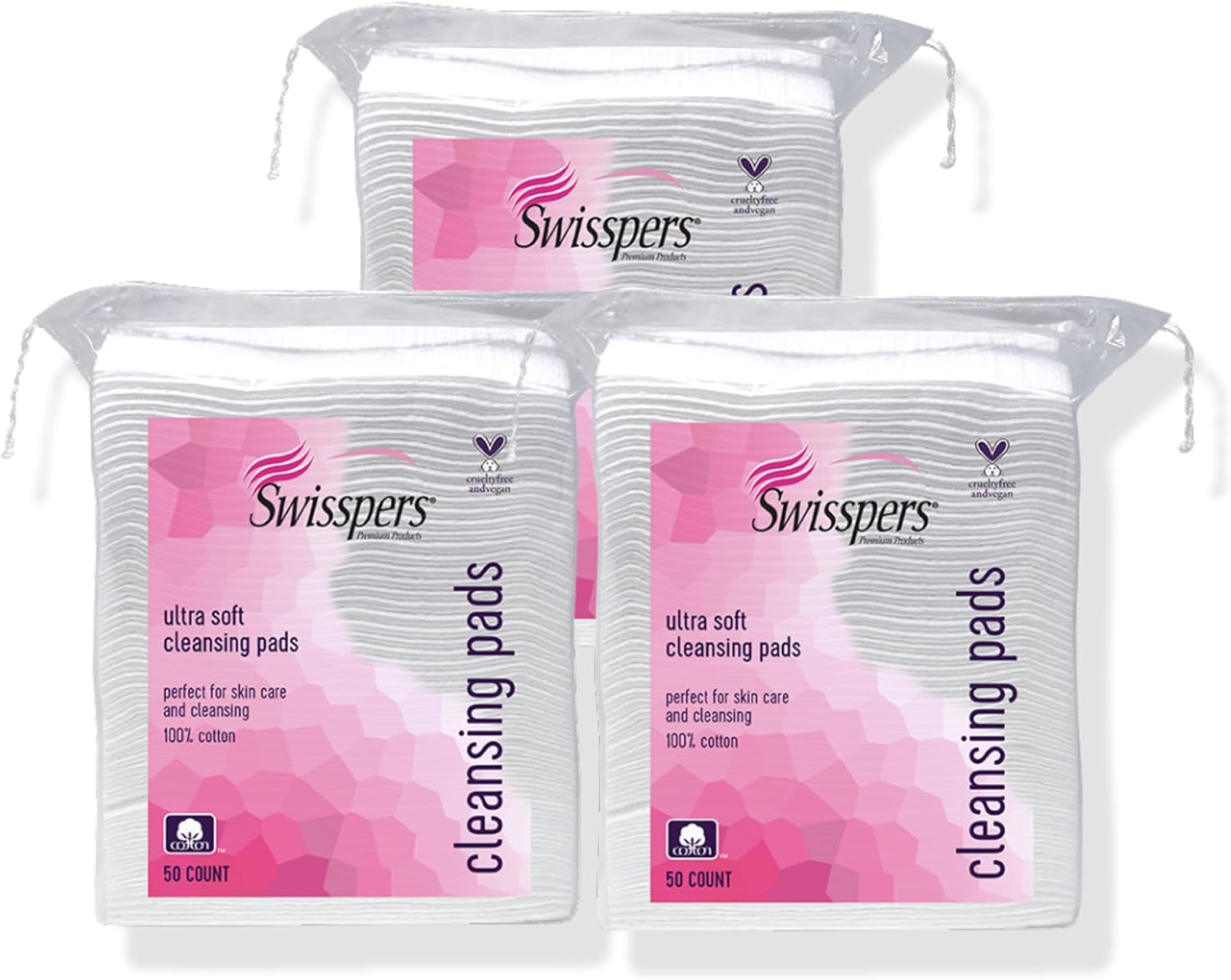 Swisspers Premium Facial Cleansing Pad, 100% Cotton, Ultra Soft, Extra Large, 50 White Pads per Reclosable Bag, 3 Bags (150 Pads Total) image number 2