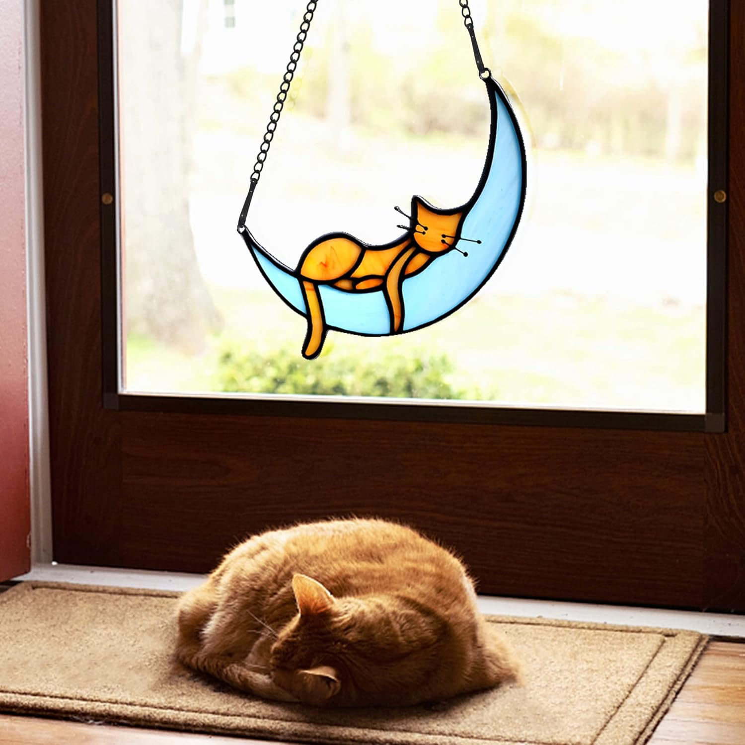 BOXCASA Orange Cat Suncatchers Handcrafted Stained Glass Window Hanging - Moon Phase Memorial Gifts for Cat Lovers,Birthday,Christmas Day, for Women,Mom image number 4