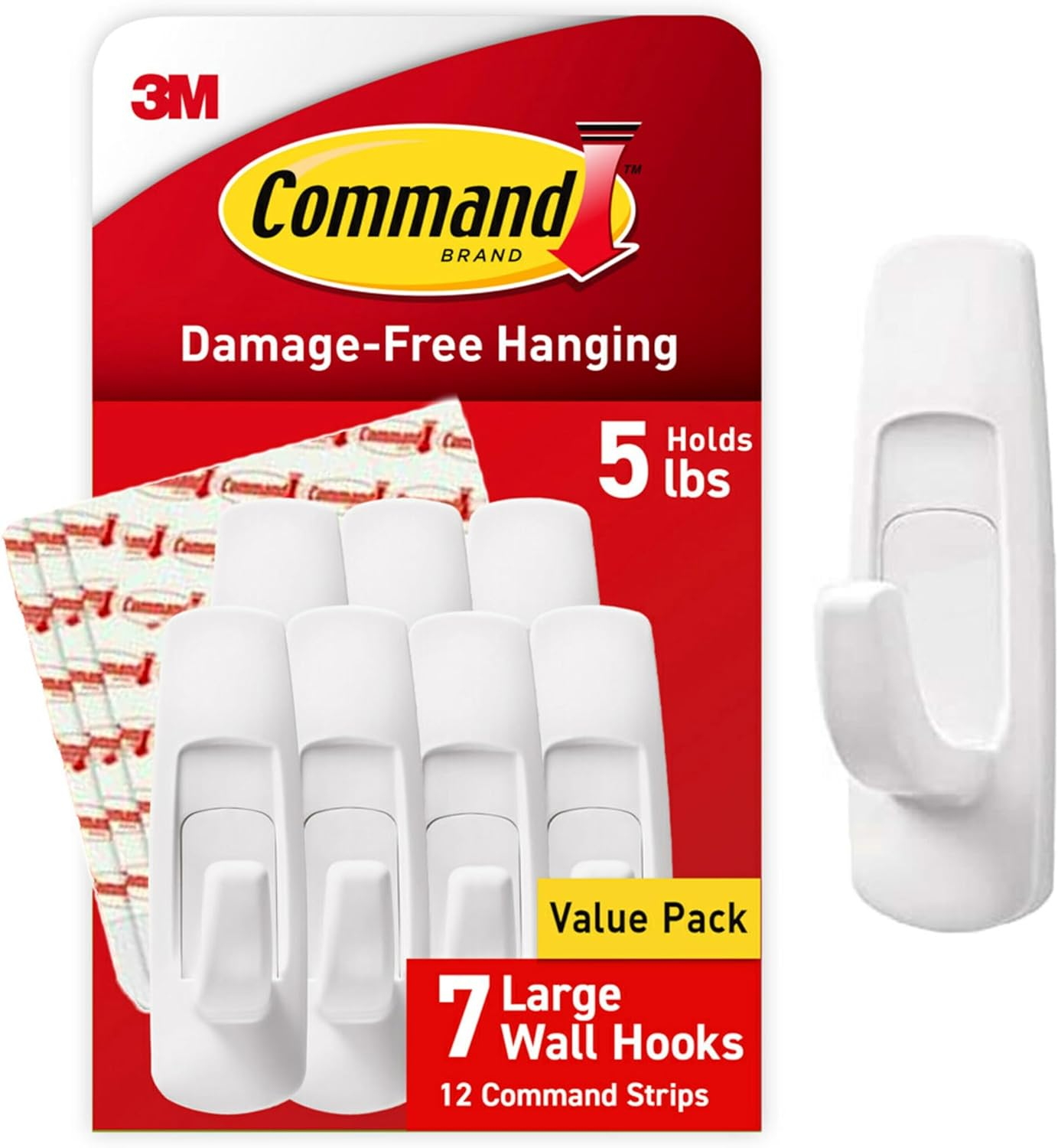 Command Large Utility Hooks, Damage Free Hanging Wall Hooks with Adhesive Strips, No Tools Wall Hooks for Hanging Decorations in Living Spaces, 7 White Hooks and 12 Command Strips image number 6