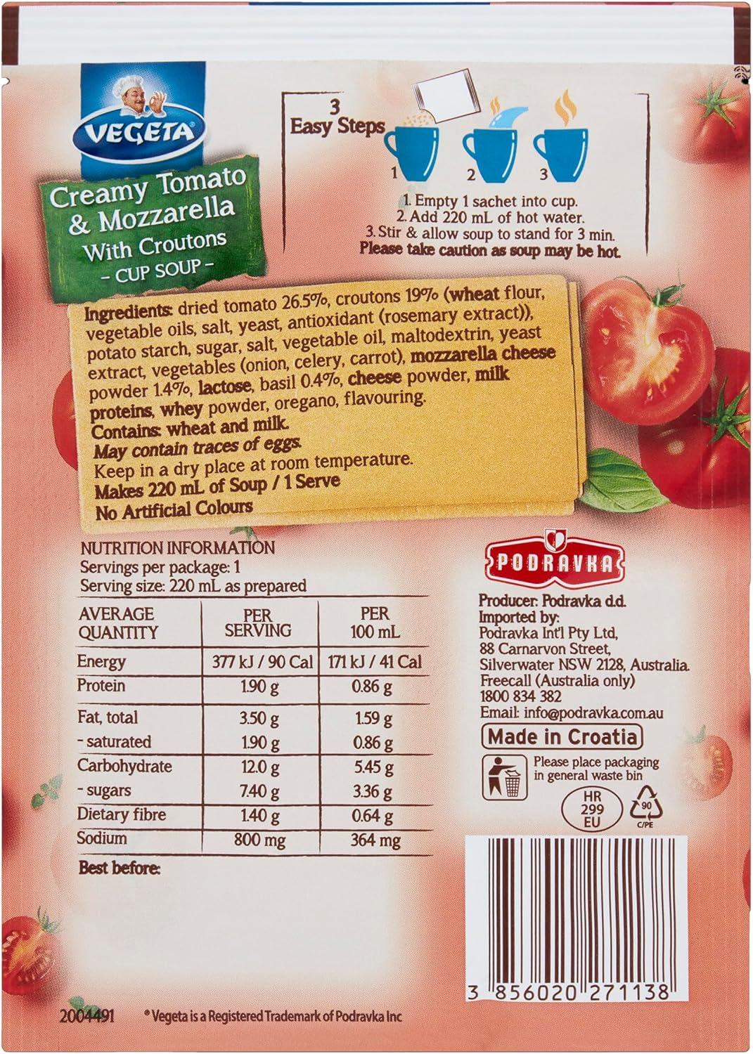 Vegeta Creamy Tomato & Mozzarella with Croutons Cup Soup 23G X 18 Box image number 2