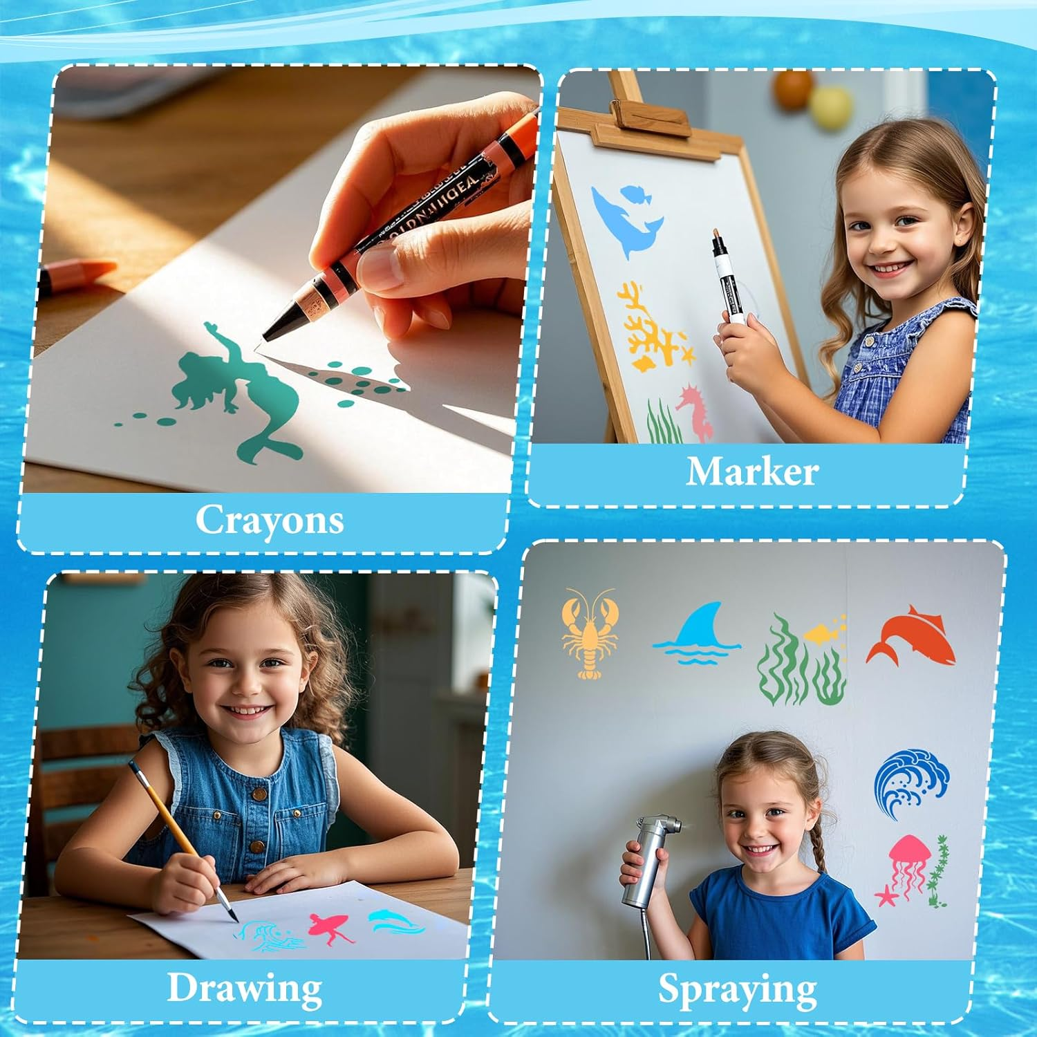 Dayker 36PCS Ocean Creatures Stencils, Reusable Plastic Sea Animal Pattern Drawing Templates, Marine Life DIY Craft with 1PC Metal Ring, for Painting on Furniture, Fabric, Wall, Home Decor image number 5