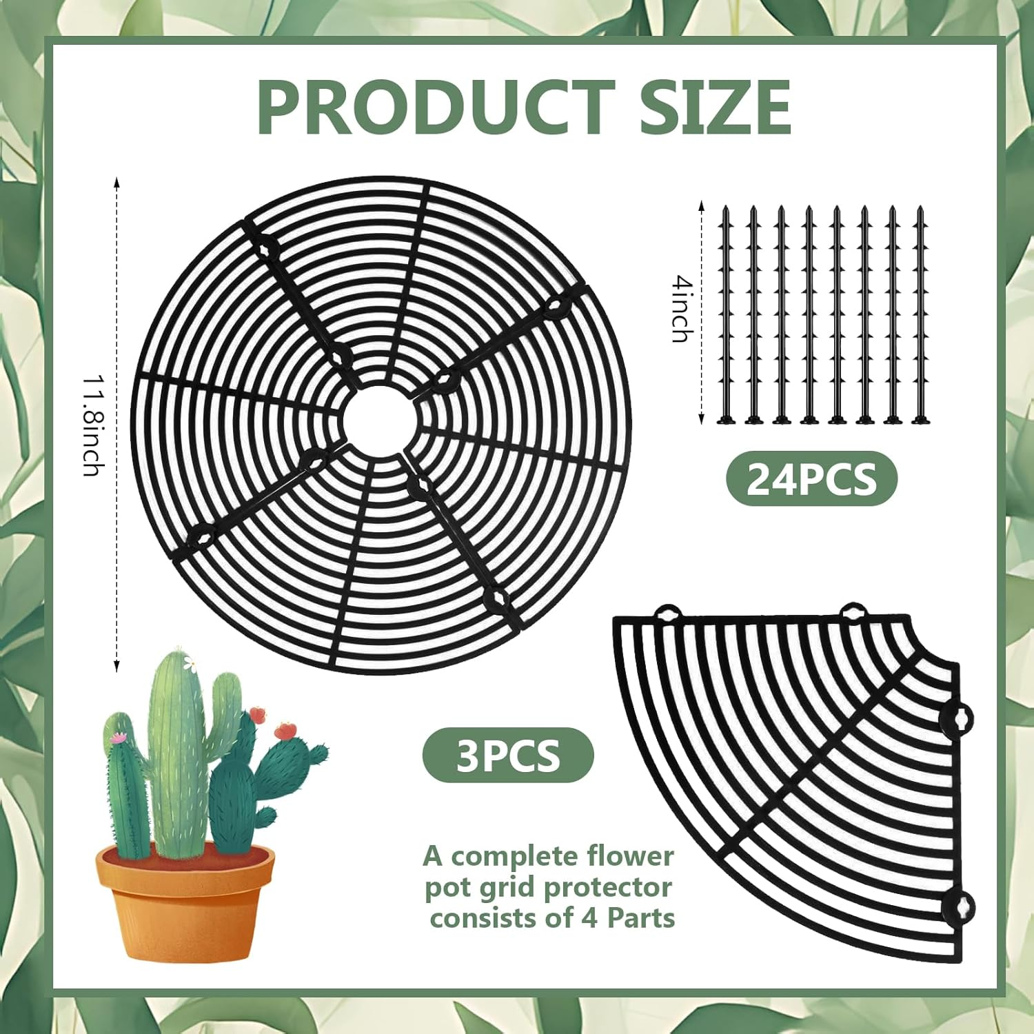 Chris.W 2 Pcs Plant Pot Grid with 16 Stakes, 11.8 Inch Plant Pot Soil Covers Protectors, Plant Pot Cover Plant Protector from Animal, Cuttable Soil Protector for Plants (Black) - Black image number 3