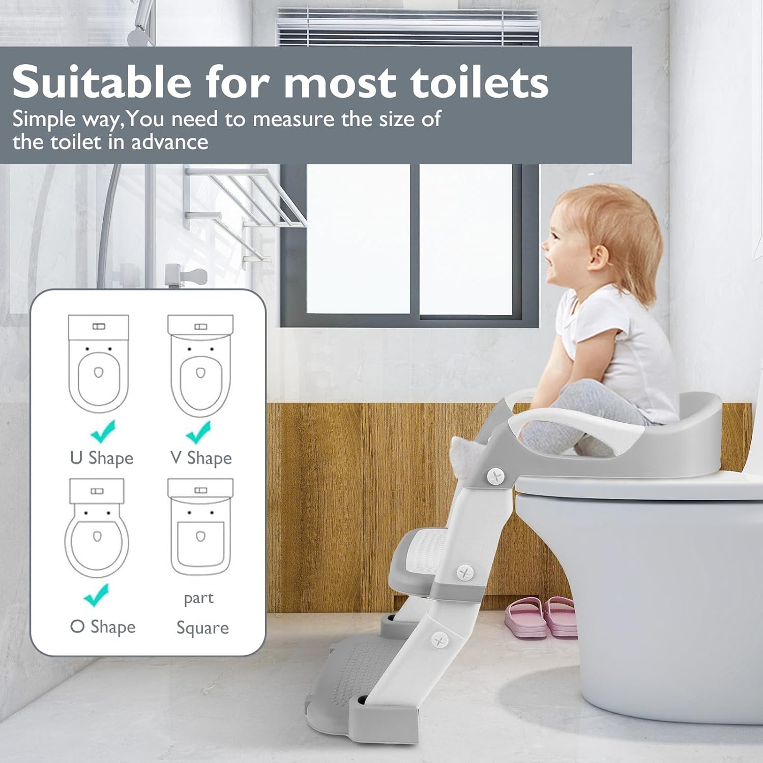 Potty Training Seat with Step Stool Ladder, Height Adjustable Potty Training Toilet with Nonslip Pad Foldable Toddler Toilet Seat for Toddler Kid Boy Girl (Grey)