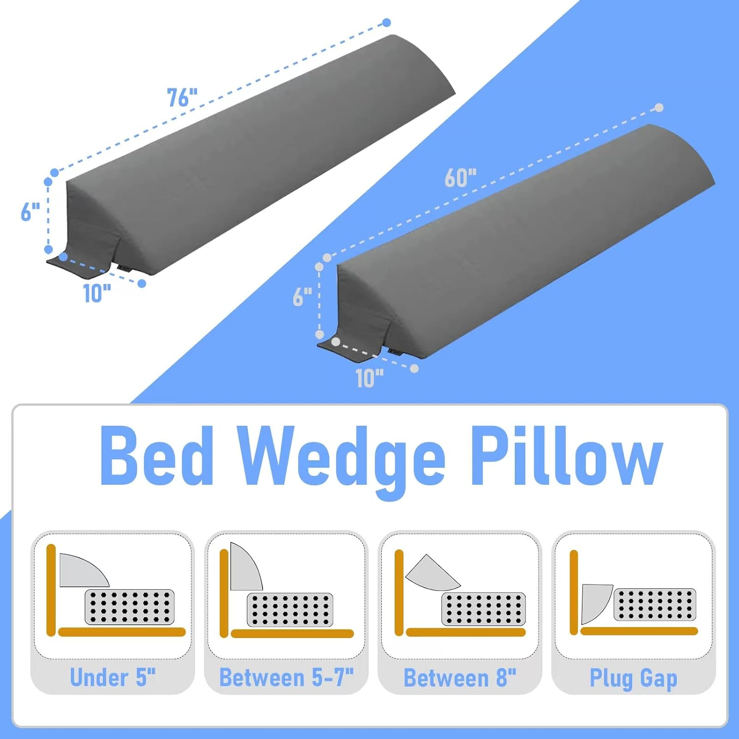 NTING Queen Size(60"X10"X6") Bed Wedge Pillow for Headboard,Bed Wedge Pillows Mattress Gap Filler Close the Gap (0-8") between Your Headboard and Mattress（Gray） image number 5