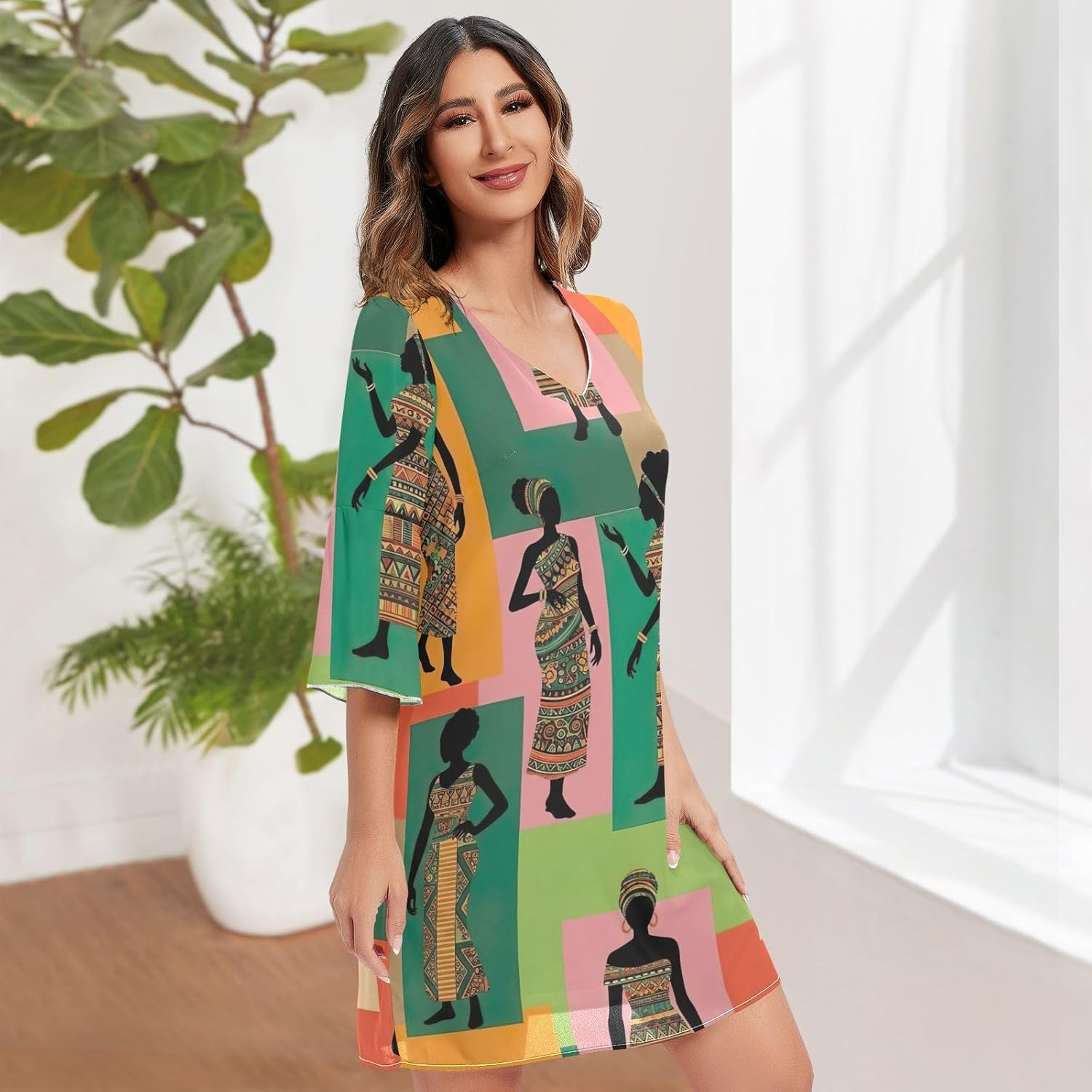 Retro Women Colorful Elegant V Neck Dress Printed Line Maternity Dress image number 4