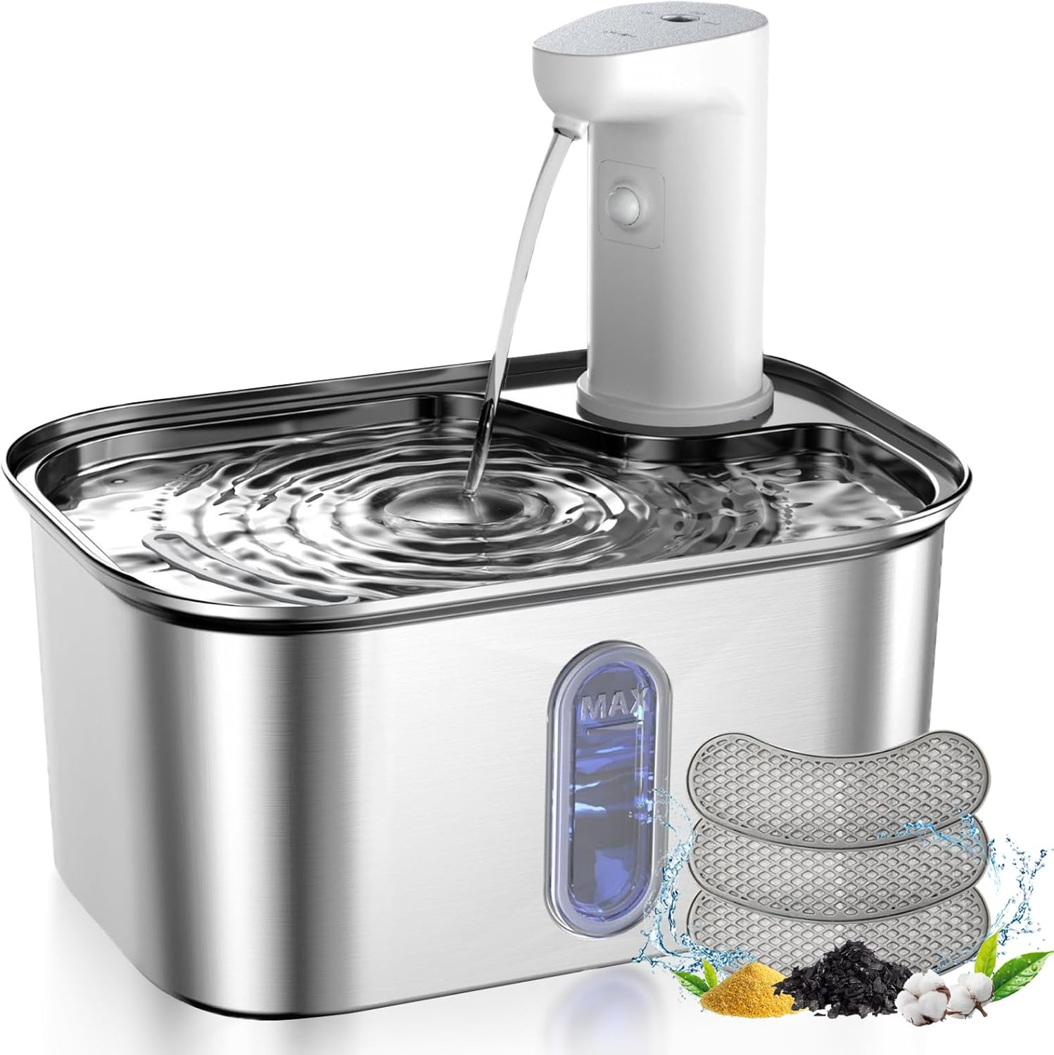 Oolong Cat Water Fountain,Automatic Wireless Pet Water Fountain Stainless Steel with Motion Sensor,3L Ultra Quiet Cat Drinking Fountain Battery Operated with Water Level Window,3 Modes and 3 Filters image number 2