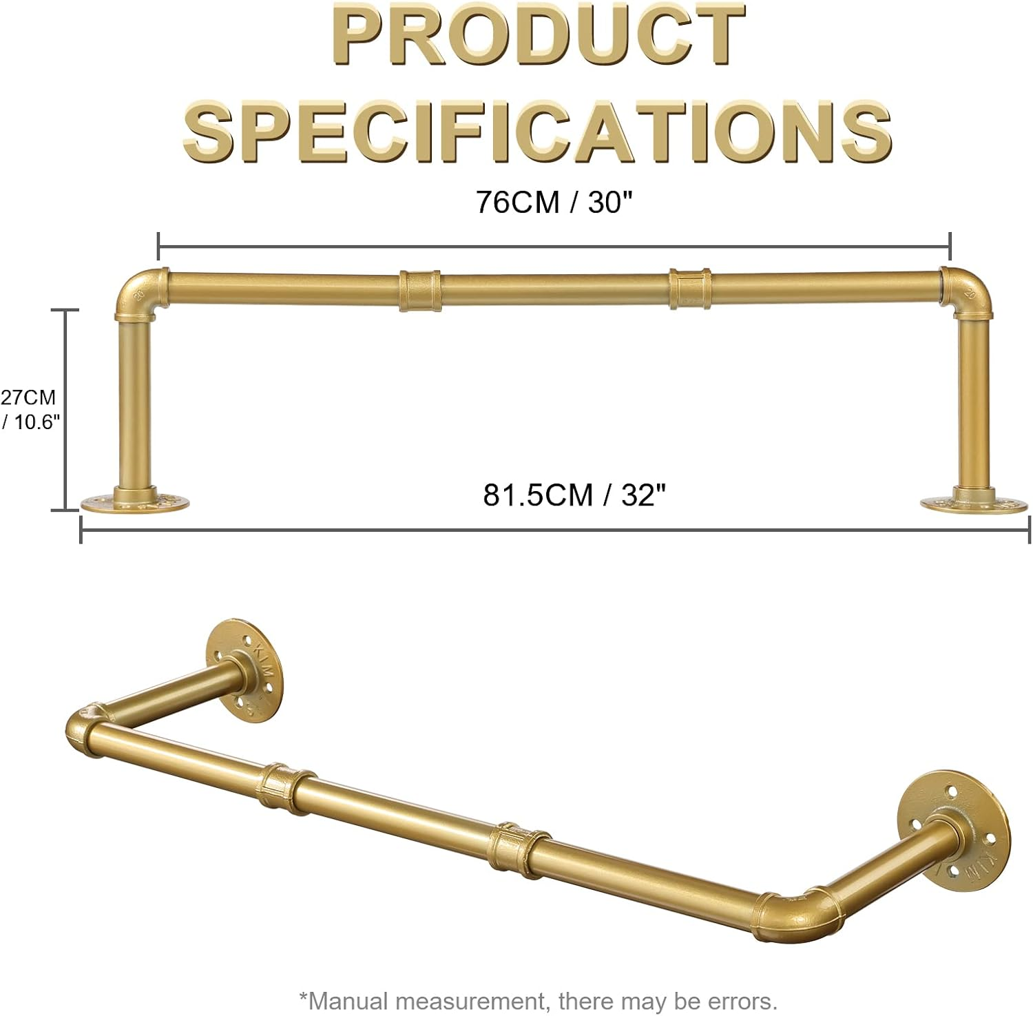 Industrial Gold Pipe Clothing Rack, Wall Ceiling Mounted Clothes Garment Rack 30'', Iron Golden Pipe Clothes Hanging Bar, Heavy Duty Metal Rod for Retail Display Closet Storage image number 4